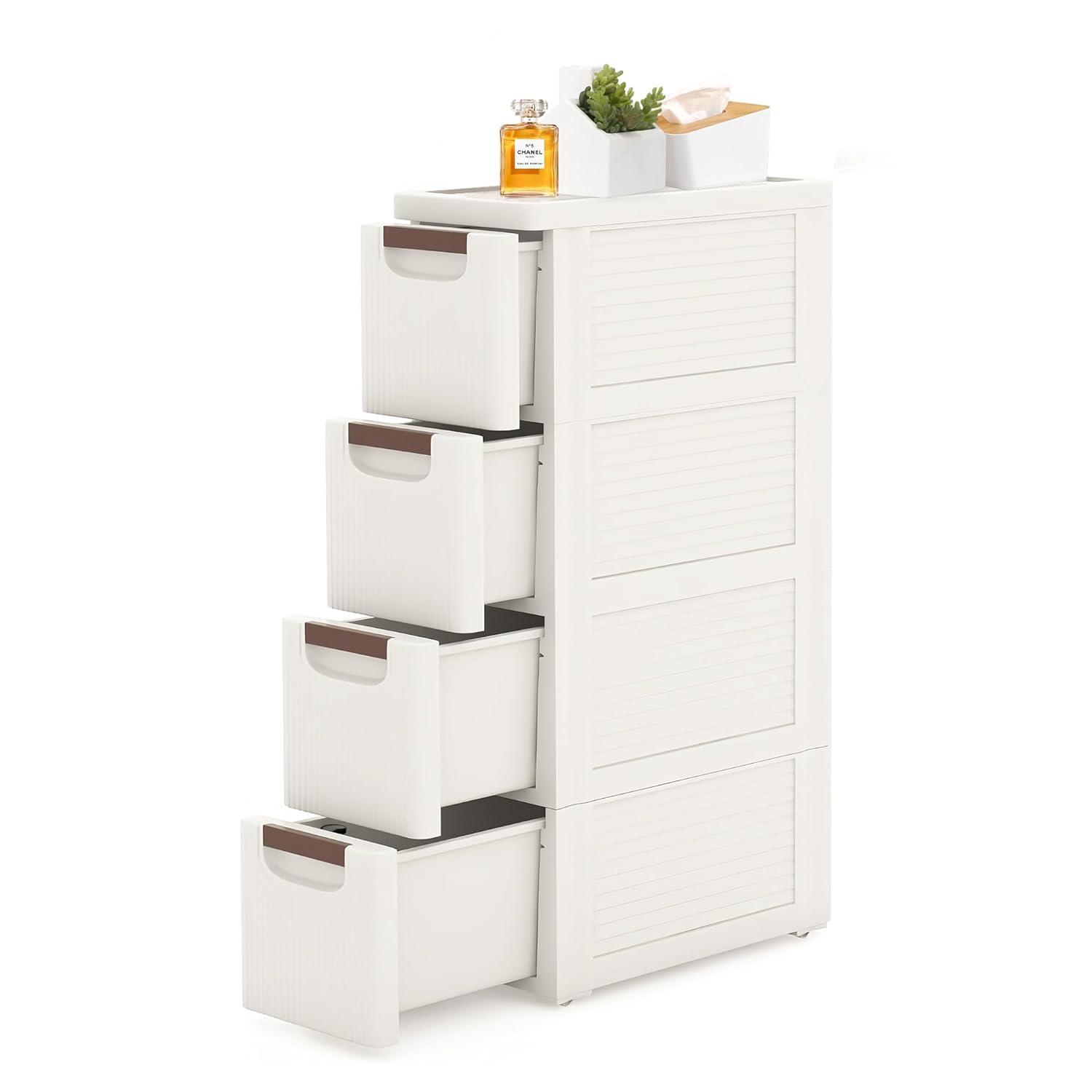 Rebrilliant Slim Plastic Rolling Storage Cabinet With 4 Drawers For Bathroom, Kitchen, Laundry - White