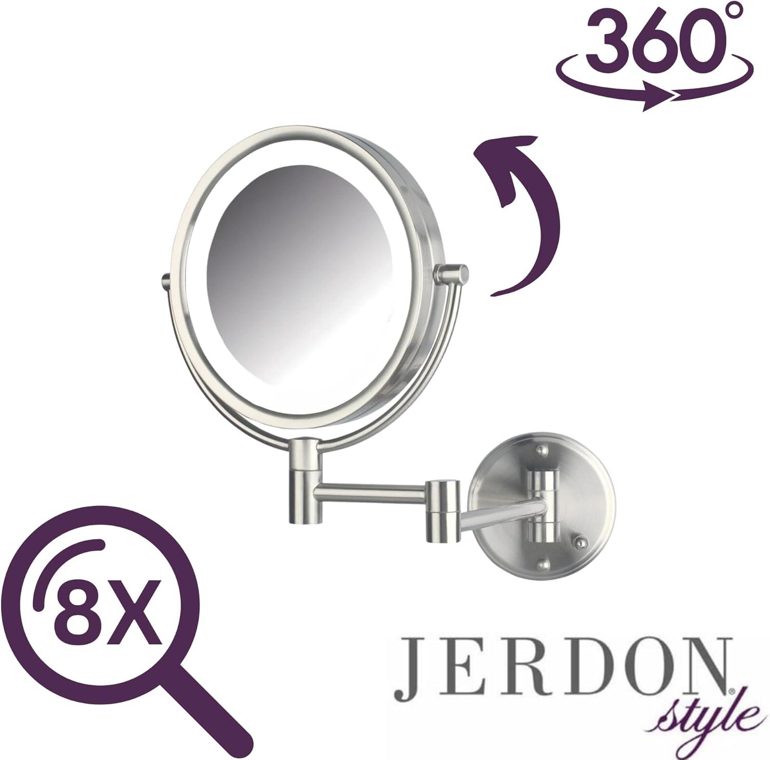 Jerdon 8.5 inch Diameter LED Lighted Makeup Mirror, 8X-1X Magnification, Nickel Finish, Direct Wire -Model HL88NLD