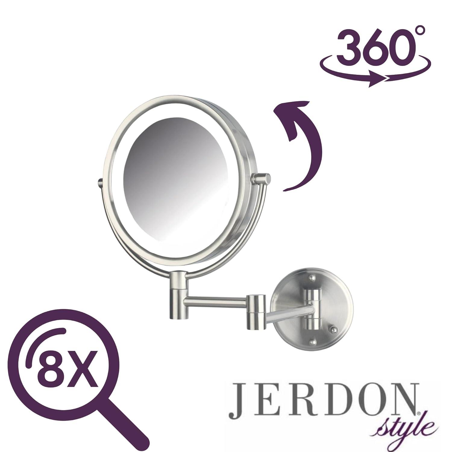 Jerdon 8.5 inch Diameter LED Lighted Makeup Mirror, 8X-1X Magnification, Nickel Finish, Direct Wire -Model HL88NLD