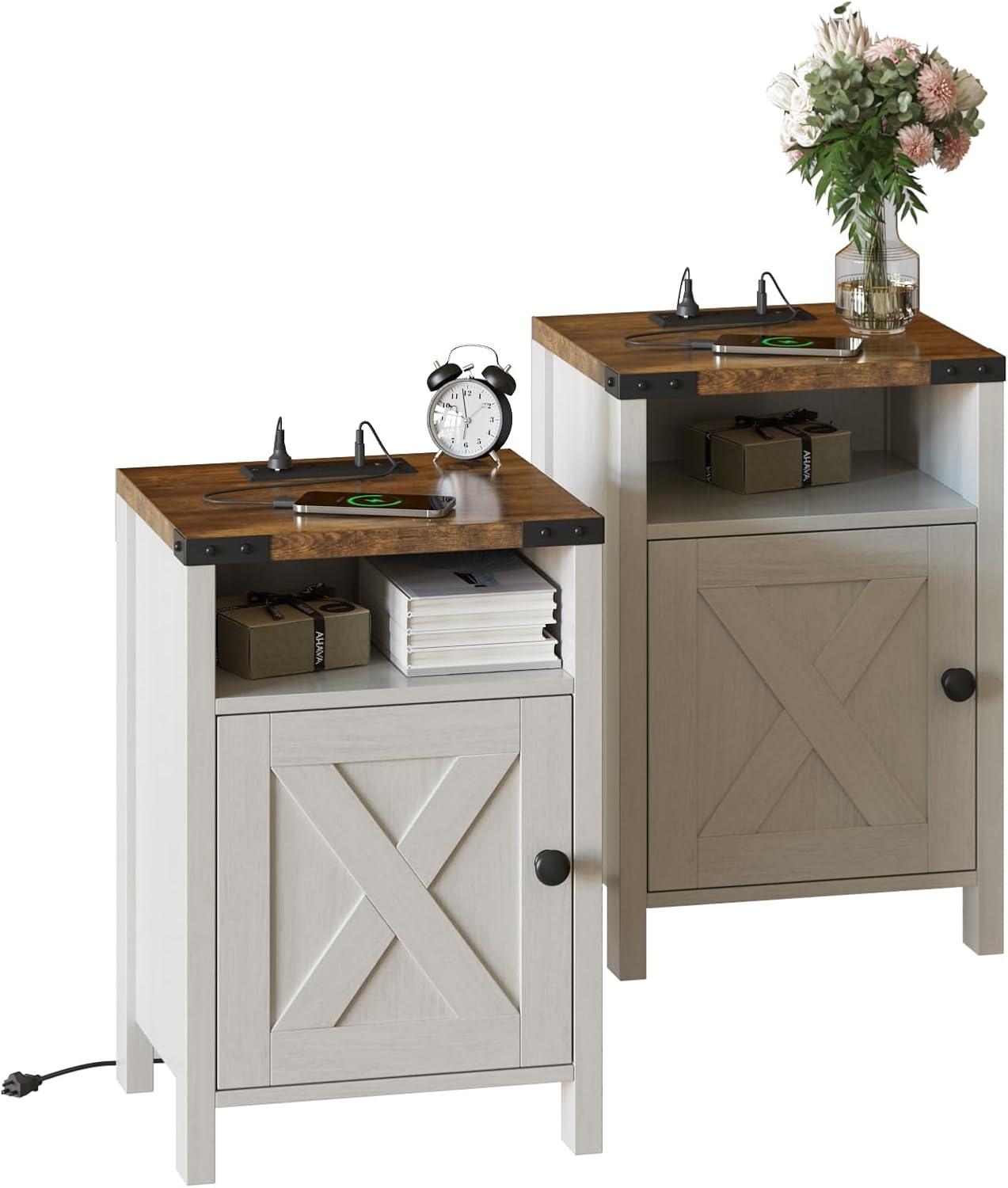 Wood Nightstands with Charging Station End Table Bedside Tables with Barn Door