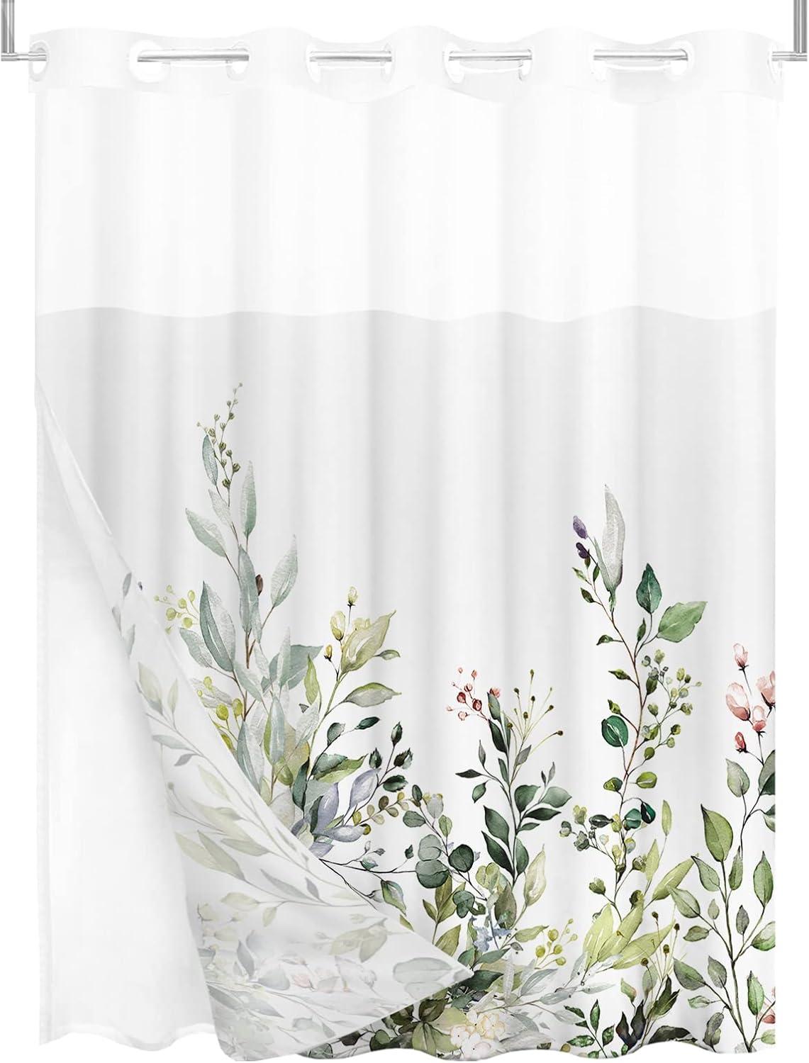 No Hook Shower Curtain with Snap in Liner, Eucalyptus Leaf Vintage Sage Green Leaves Hotel Shower Curtains for Bathroom, Washable Shower Curtain Liner Set with Mesh Top Window, 66"x72"