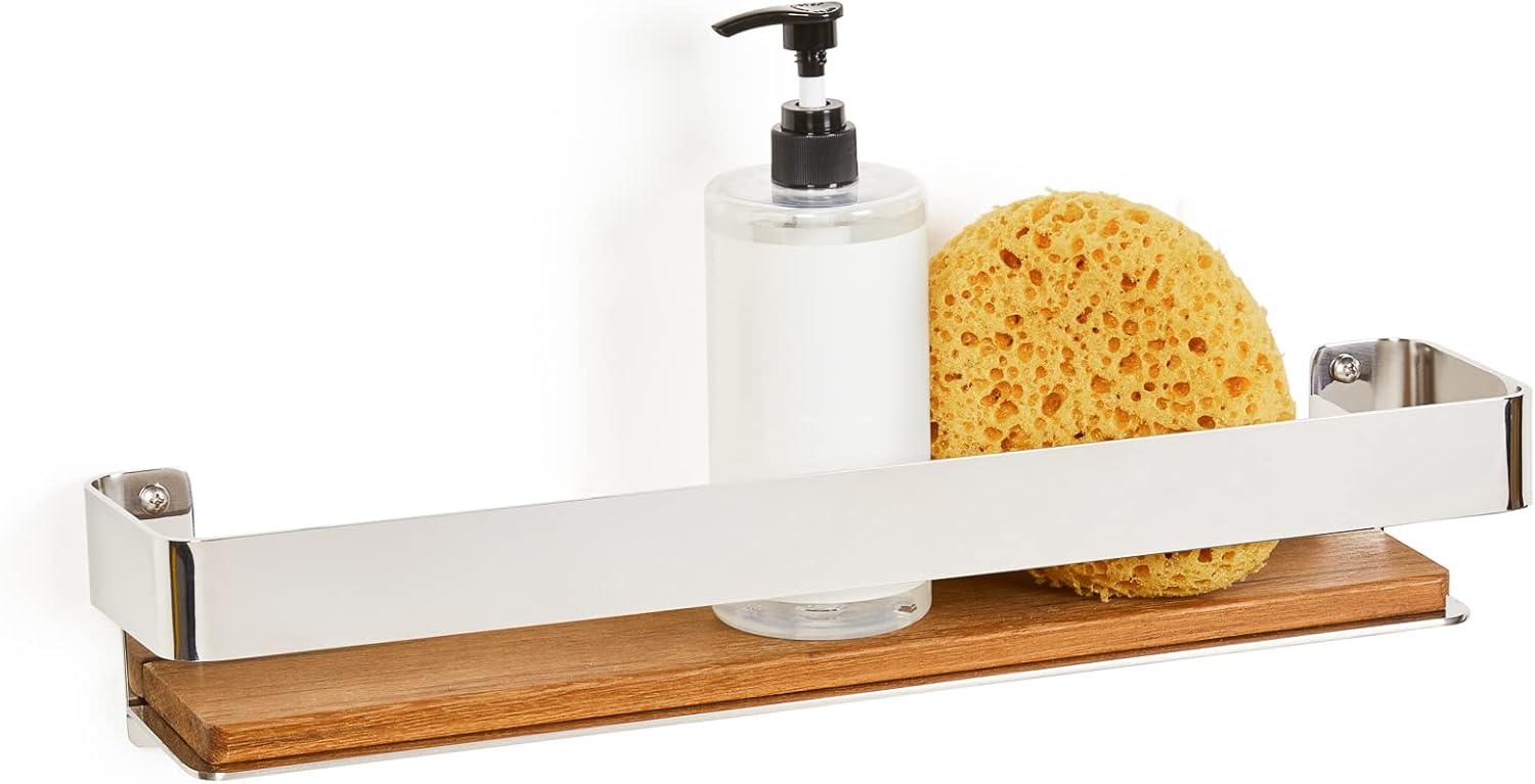 Floating Rectangular Shower Shelf with Rail in a Polished Finish and Natural Teak Wood Insert