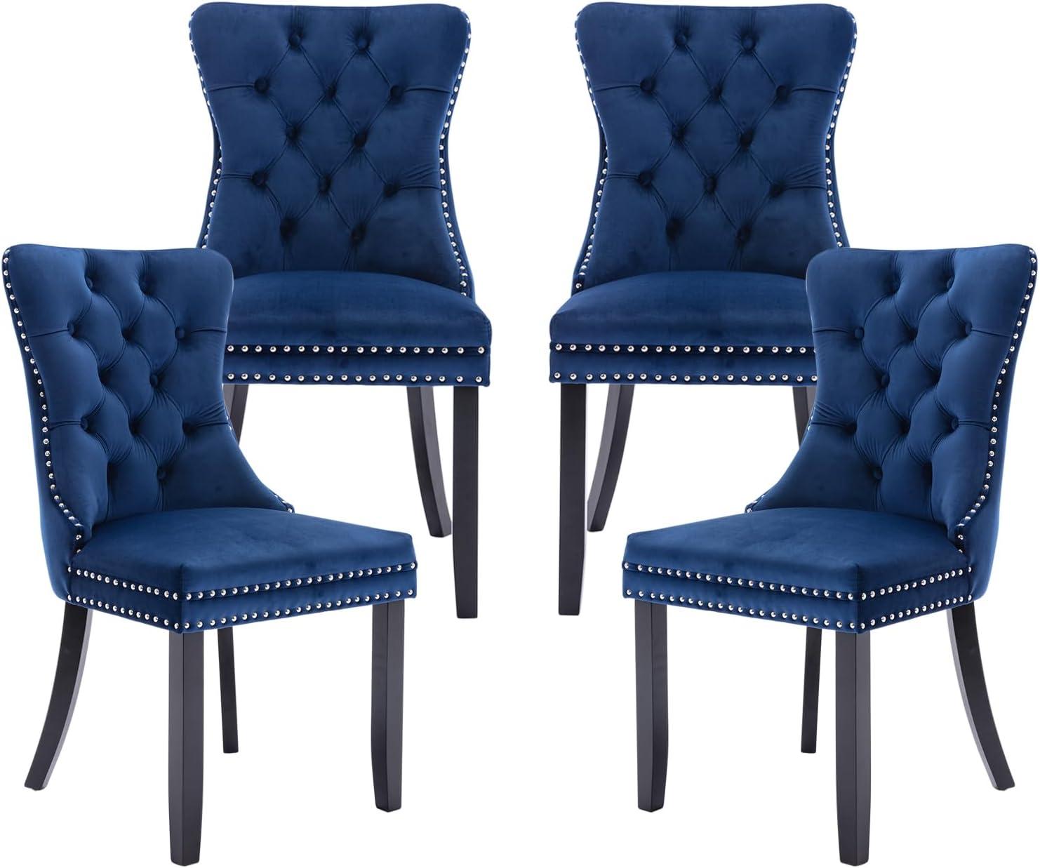 ODUSE-DAILY Velvet Dining Chairs Set of 4, Navy Kitchen & Dining Room Chairs, Tufted Dining Chairs, Fabric Upholstered, Solid Wood, Sillas De Comedor (Blue, 4 Pcs)