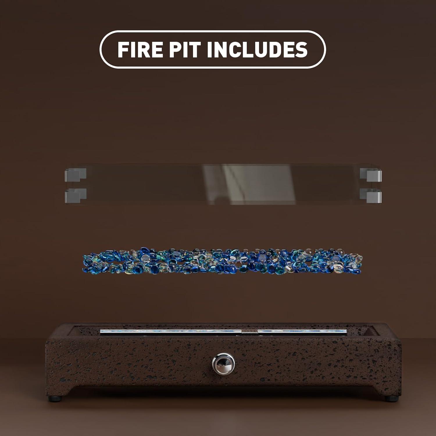 COSIEST 28" Tabletop Fire Pit, CSA Certified Outdoor Propane Fire Pit Table w Magnesium Oxide Rectangle Base, 40,000 BTU Stainless Steel Burner, Glass Rocks, Glass Wind Guard, Fits 20lb Tank Outside