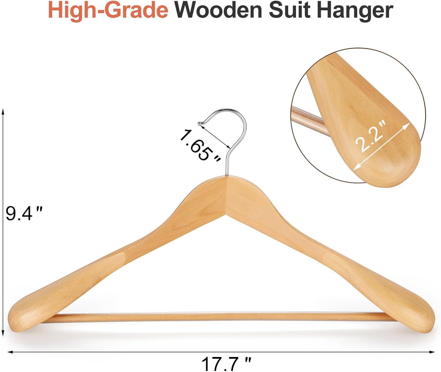 Natural Solid Wood Wide Shoulder Suit Hangers with Non-Slip Bar, 6 Pack