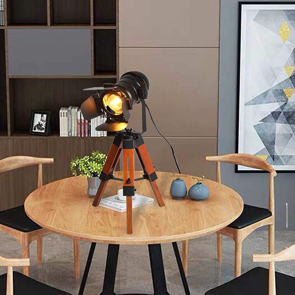 Modern Industrial Vintage Tripod Floor Table Lamp - Metal Wooden Nautical Cinema Standing Searchlight - Reading Light for Living Room Movie Theatre Decoration Adjustable Height (excluding Bulb)