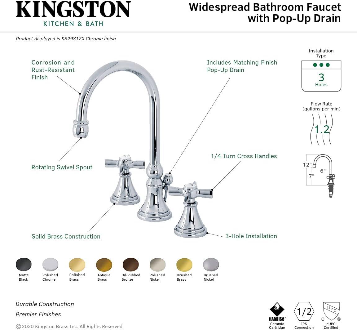 Kingston Brass Millennium Two-Handle 3-Hole Deck Mount Widespread Bathroom Faucet with Brass Pop-Up Drain