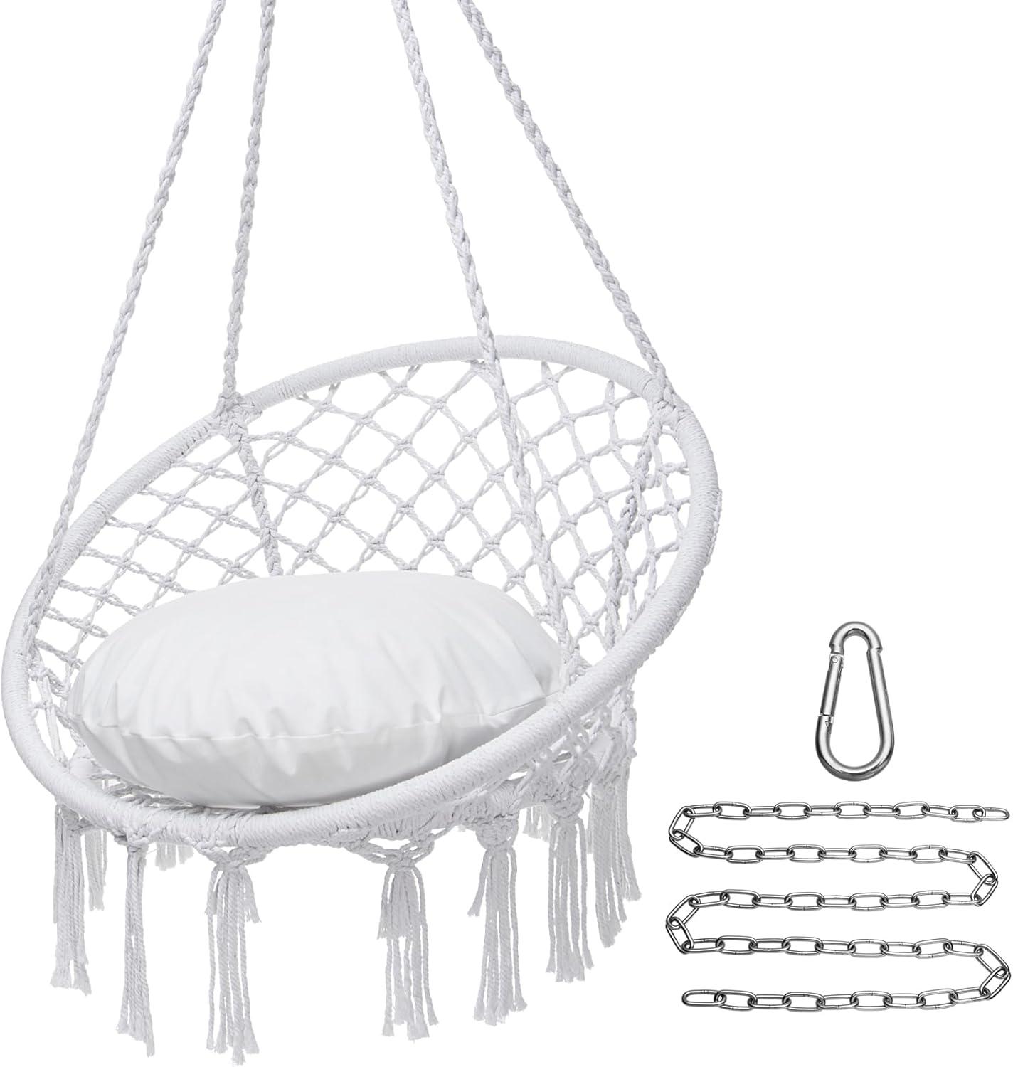 Hammock Chair Macrame Swing, Max 330 Lbs, Hanging Cotton Rope Hammock Swing Chair for Indoor Outdoor Home Patio Deck Yard Garden Reading Leisure Lounging, Hammock Chair+Cushion+Acce