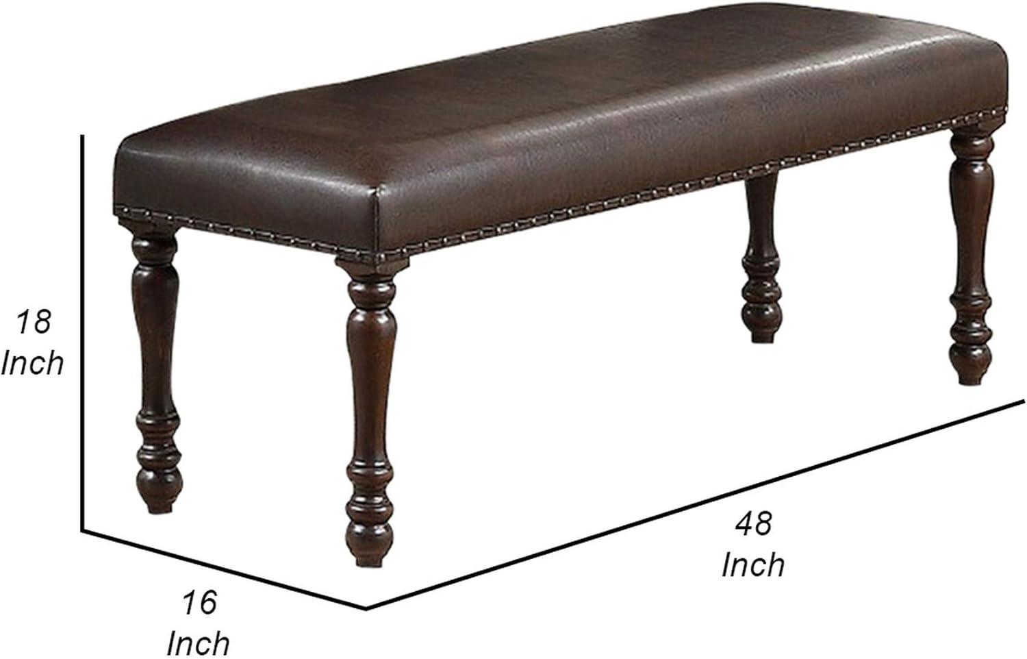 Nailhead Trim Faux Leather Dining Bench with Turned Legs Brown - Saltoro Sherpi