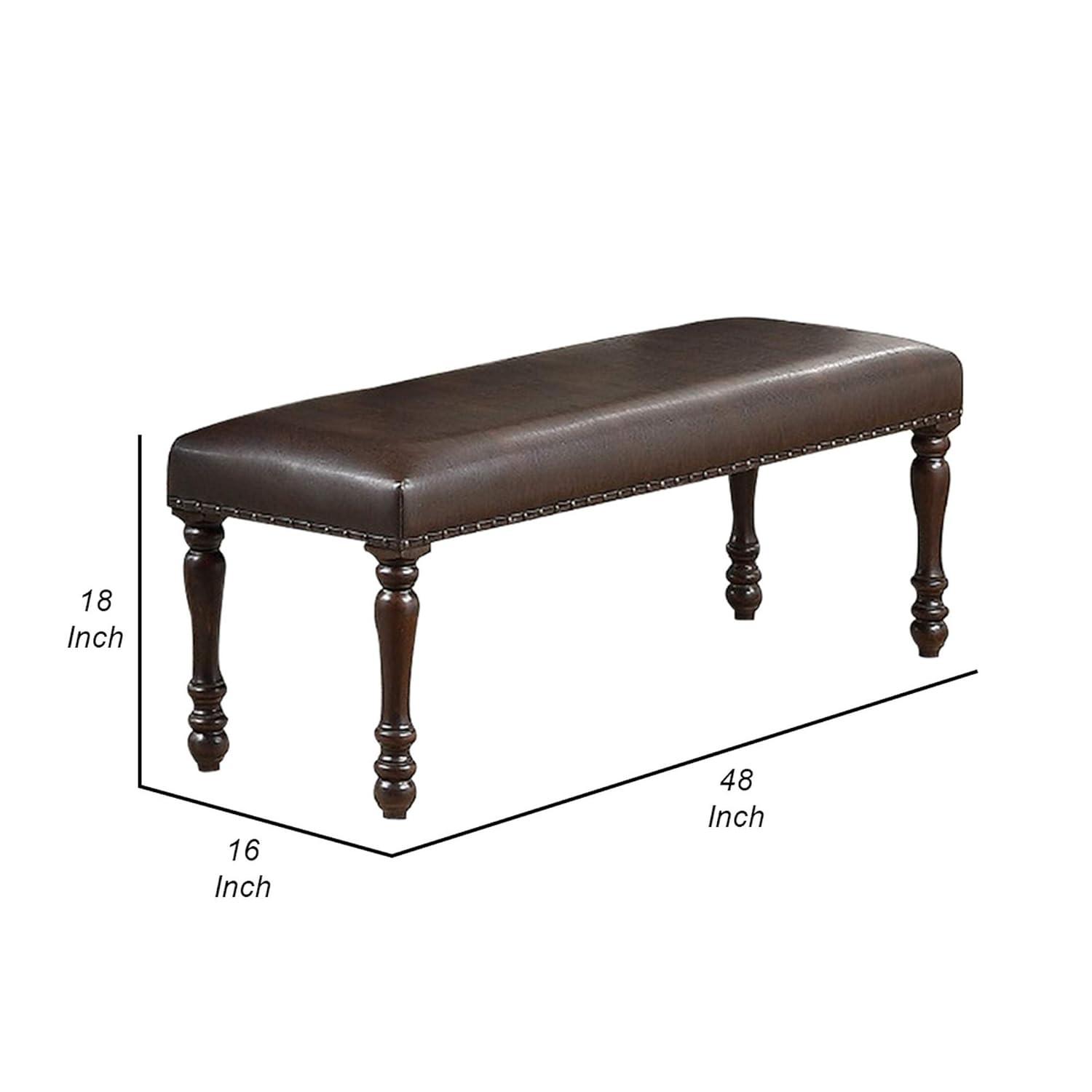Nailhead Trim Faux Leather Dining Bench with Turned Legs Brown - Saltoro Sherpi