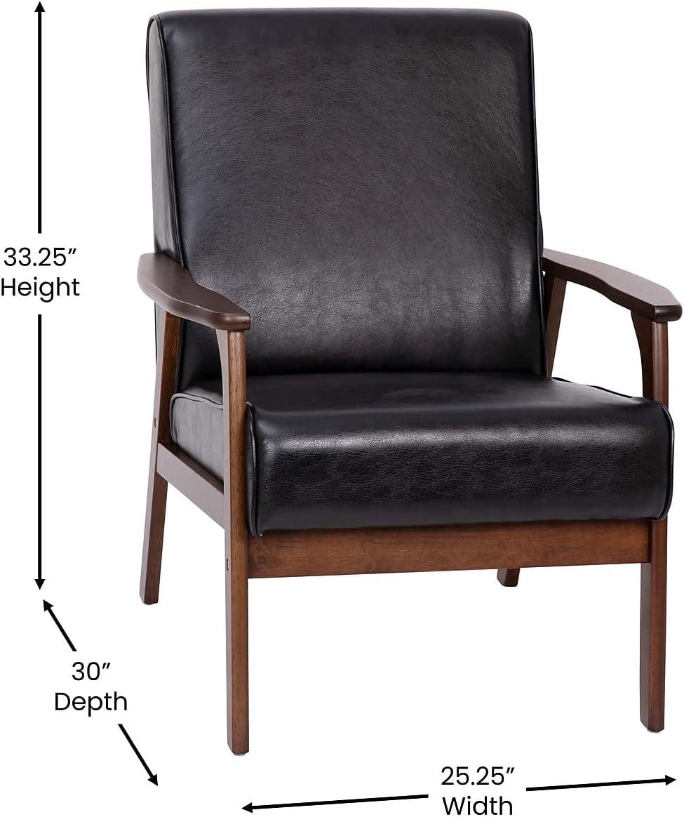 Mid-Century Modern Black Leather Accent Chair with Walnut Wood Frame