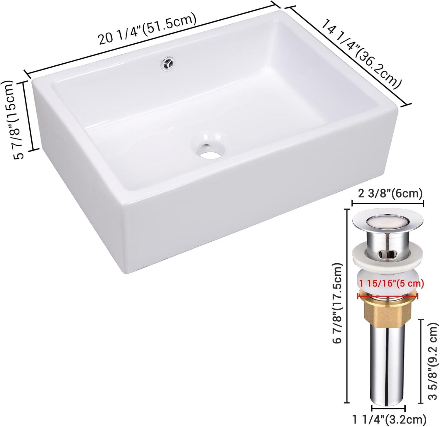 Rectangular White Ceramic Above-Counter Vessel Sink with Chrome Drain