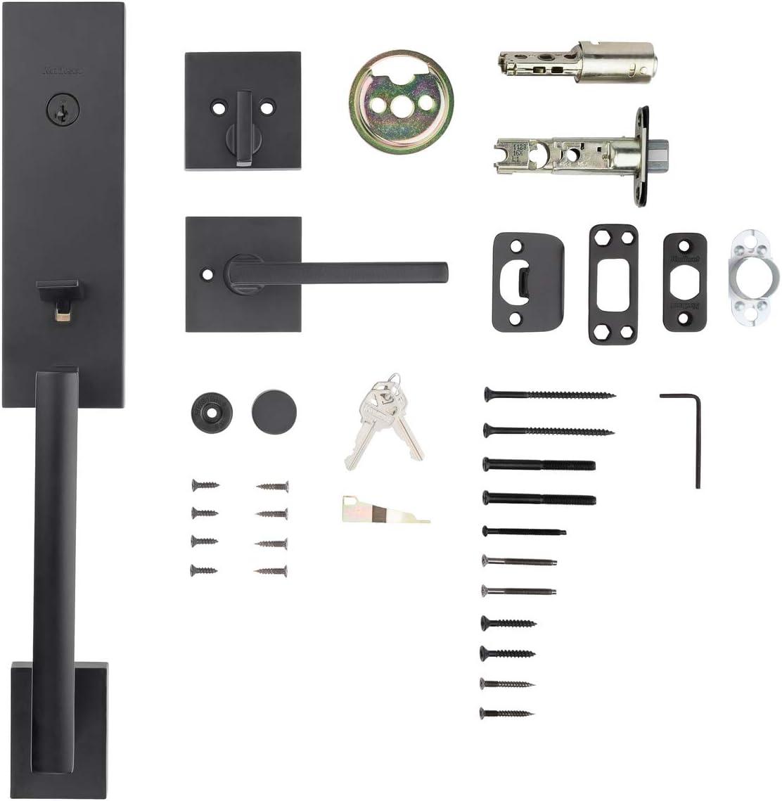 Vancouver Matte Black Keyed Entry Door Handleset with Halifax Passage Handle Featuring SmartKey Security
