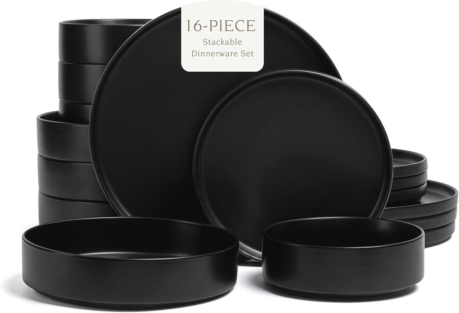 Black Ceramic 16-Piece Semi-Matte Dinnerware Set