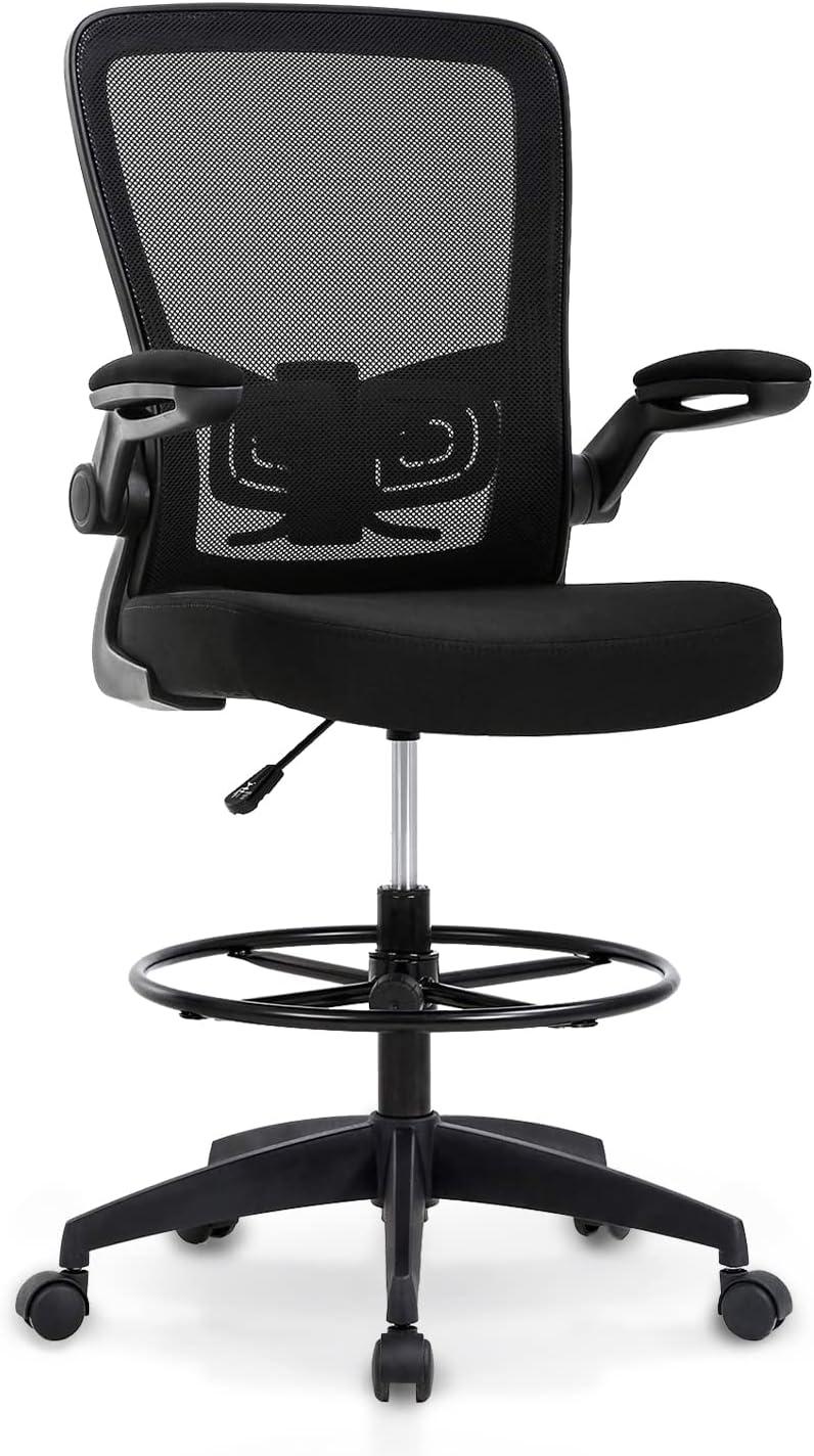 Drafting Chair Tall Office Chair Adjustable Height with Lumbar Support Flip Up Arms Footrest Mid Back Task Mesh Desk Chair Computer Chair Drafting Stool for Standing Desk, Black