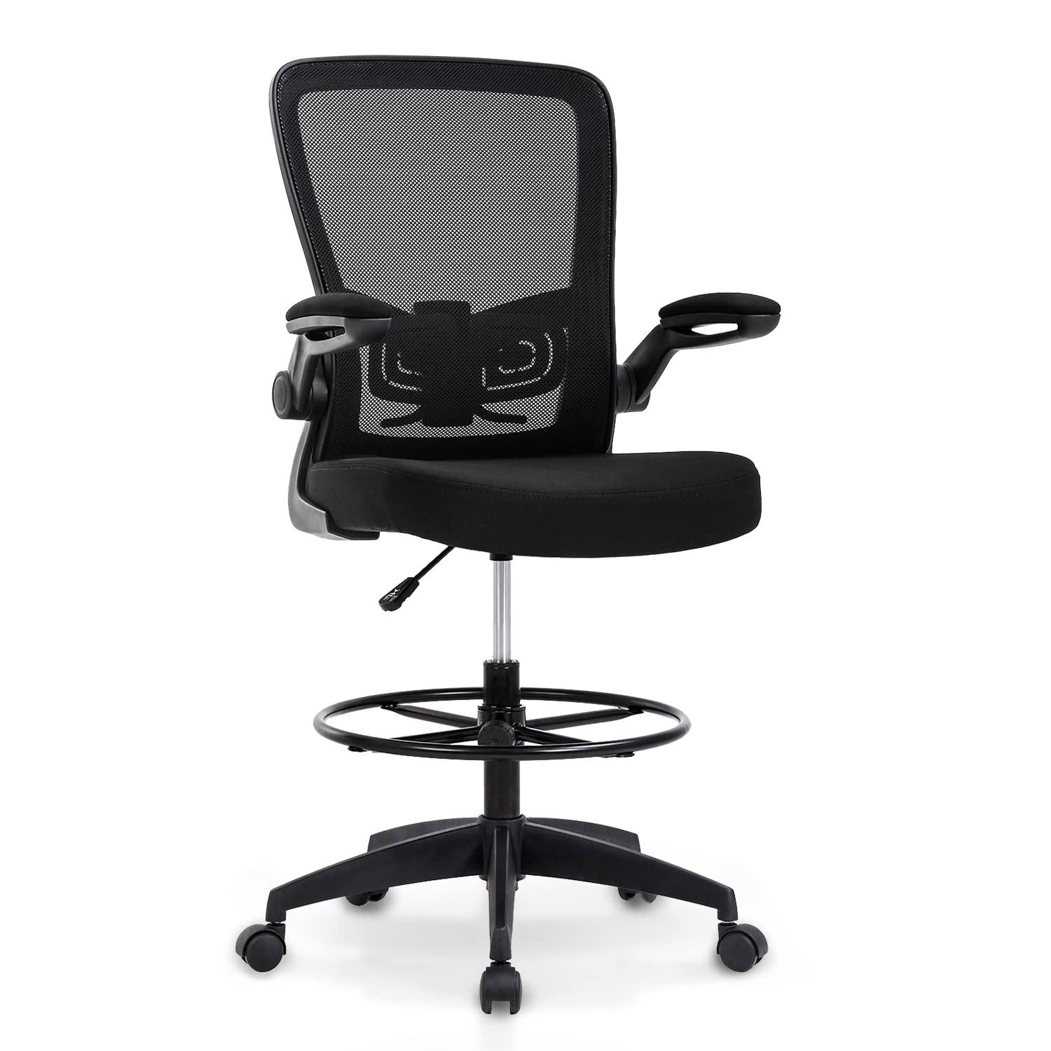 Drafting Chair Tall Office Chair Adjustable Height with Lumbar Support Flip Up Arms Footrest Mid Back Task Mesh Desk Chair Computer Chair Drafting Stool for Standing Desk, Black