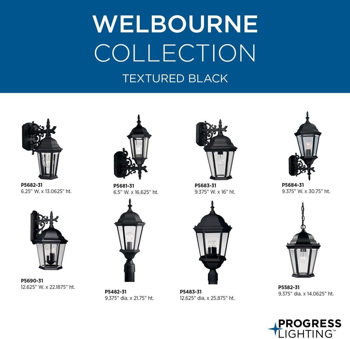 Progress Lighting Welbourne 1-Light Outdoor Wall Lantern, Textured Black, Clear Beveled Glass, Aluminum