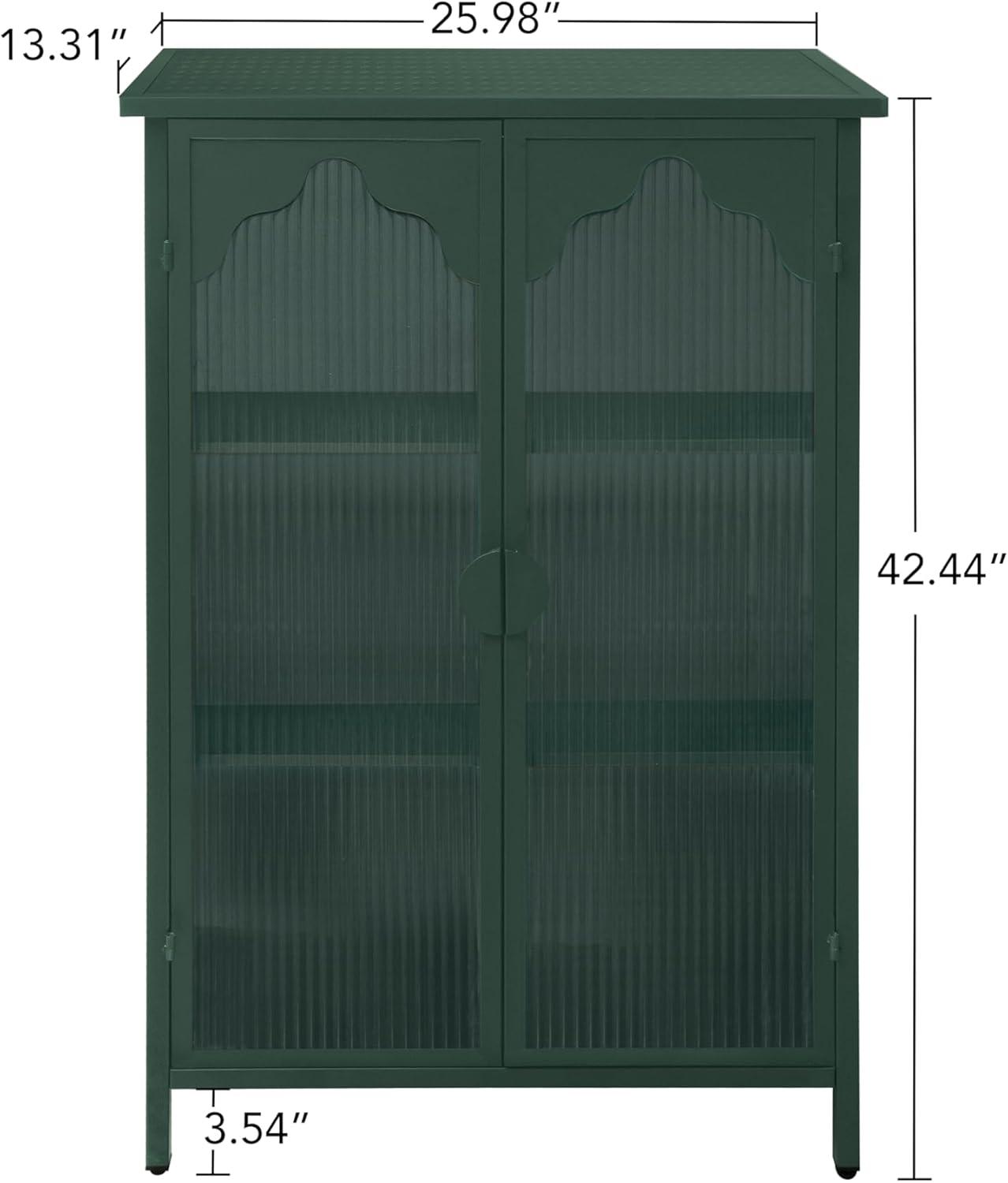 Dark Green Metal and Glass Display Cabinet with Arched Doors