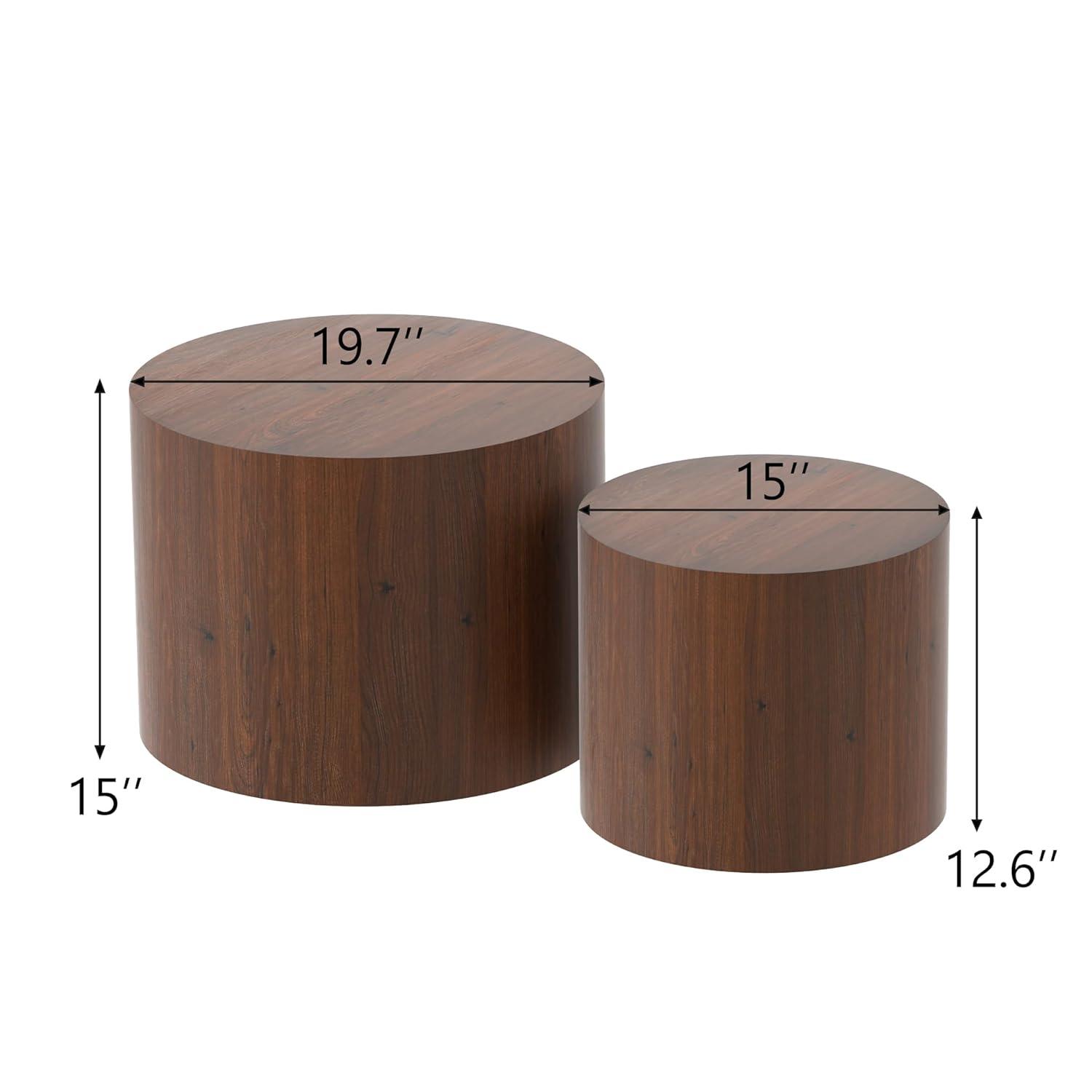 Coffee Table Set of 2, Round Walnut Wooden Coffee Tables Modern Circle End Table Side Table for Small Spaces Living Room, Bedroom, Balcony, Office