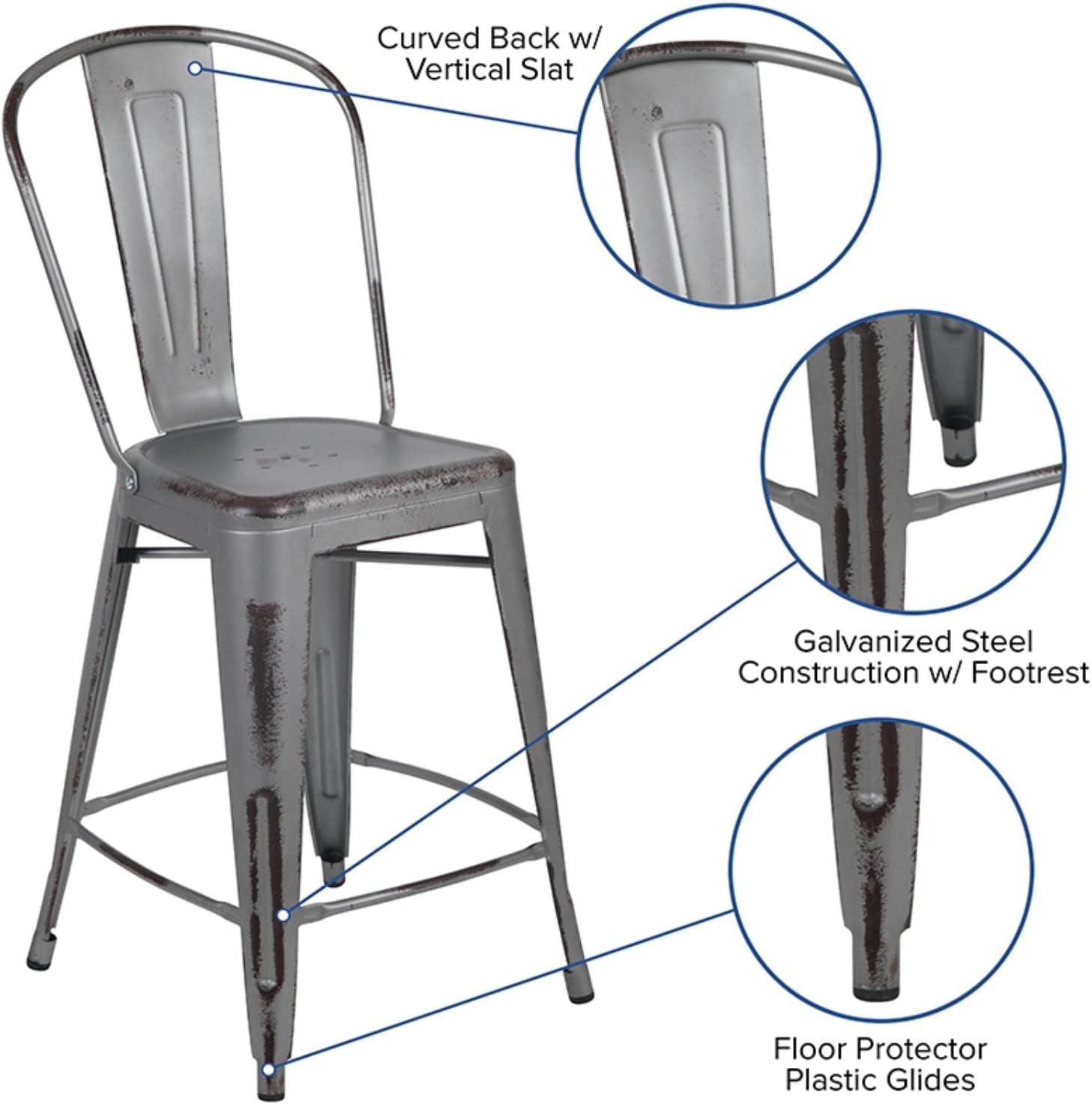 Flash Furniture Commercial Grade 24" High Distressed Silver Gray Metal Indoor-Outdoor Counter Height Stool with Back