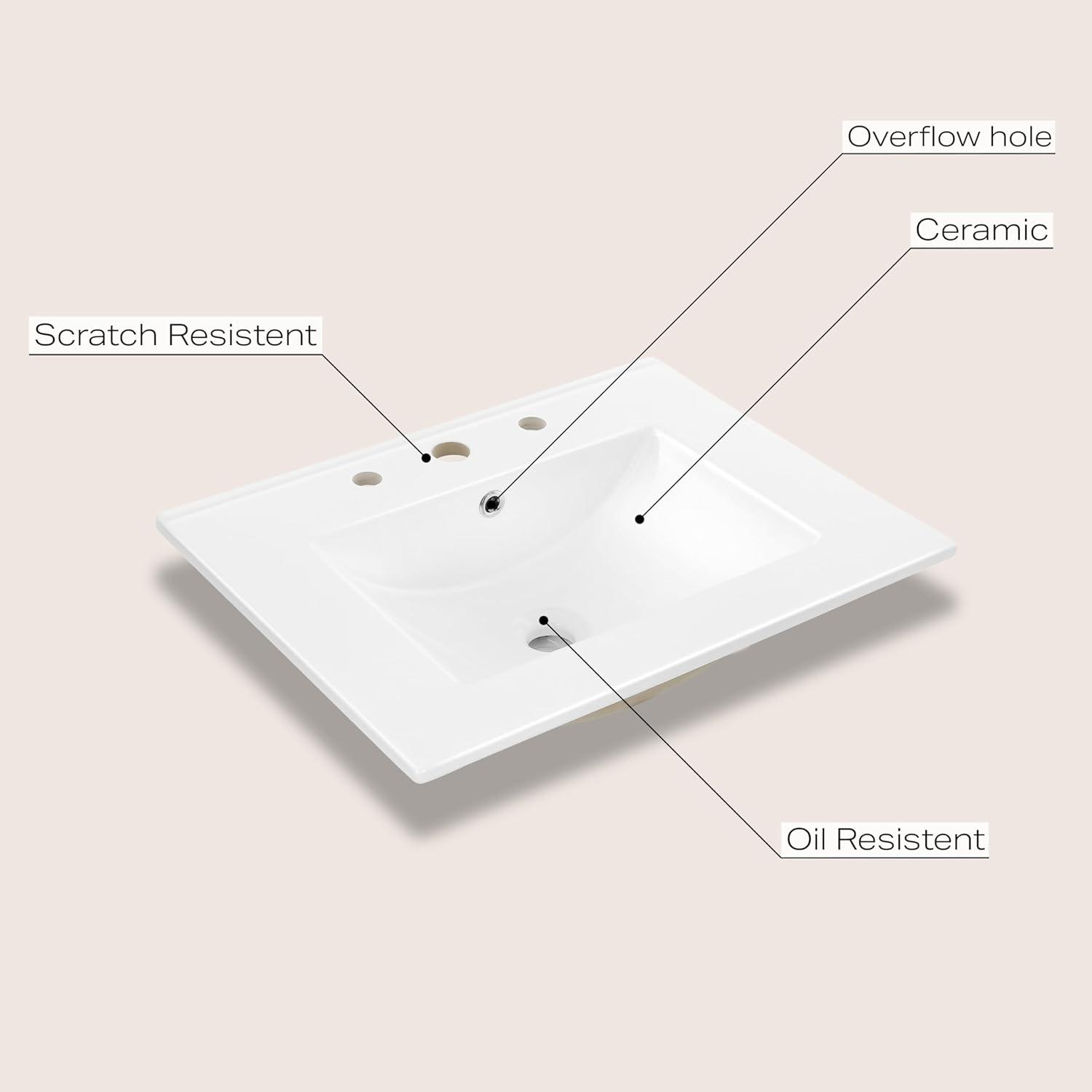 Ancillary 3-Hole 24" Classic Contemporary Rectangular Ceramic Single Sink Basin Vanity Top