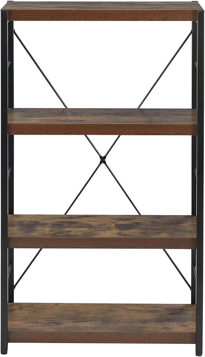 4 Tiered Metal Framed Wooden Bookshelf Weathered Oak Brown and Black - Saltoro Sherpi