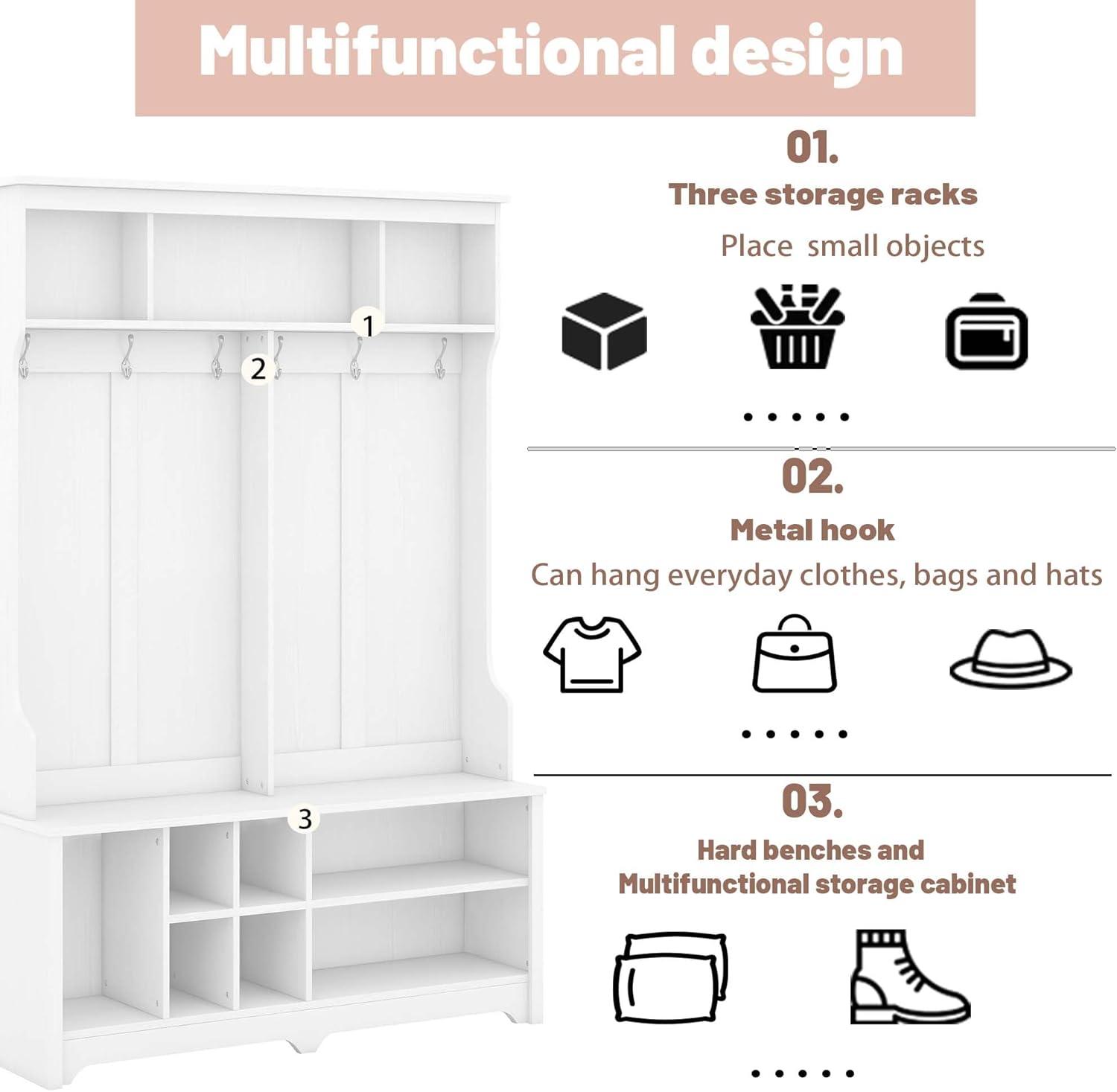 Modern Hallway Hall Tree with Metal Hooks and Storage Space, Multi-Functional Entryway Coat Rack with Shoe Cubbies