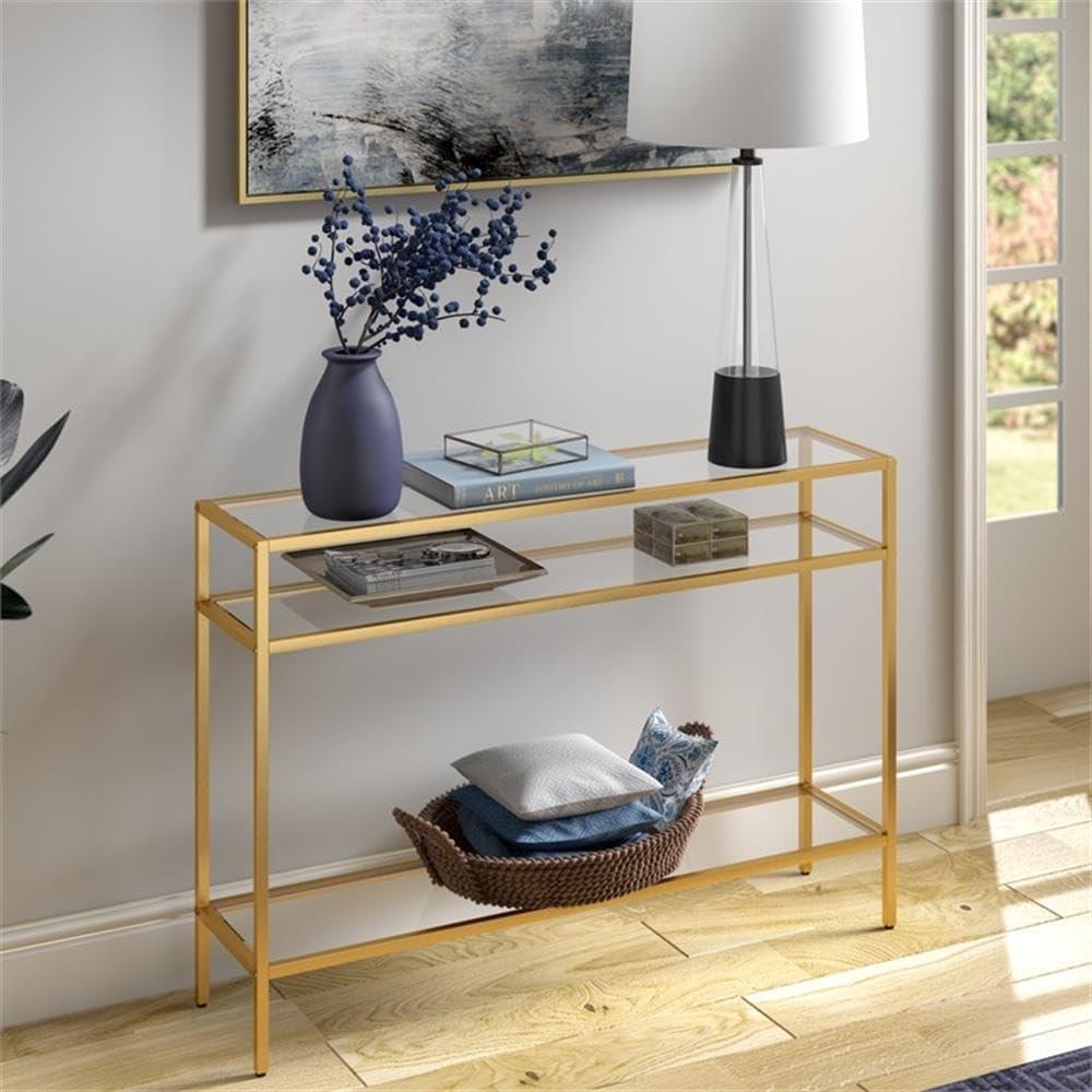 Siviline Brass Finish Steel Frame Console Table with Glass Shelves