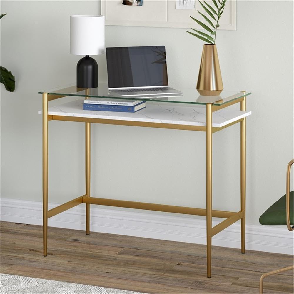 Henn&Hart 36" Brass/Faux Marble Metal/Glass/Faux Marble Home Office