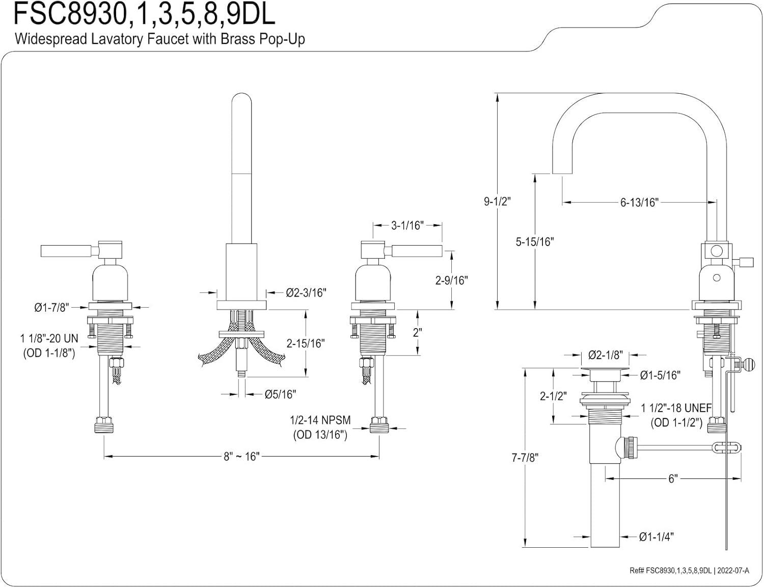 Kingston Brass FSC8931DL Kingston Brass Concord Two-Handle 3-Hole Deck Mount Widespread Bathroom Faucet with Brass Pop-Up Drain