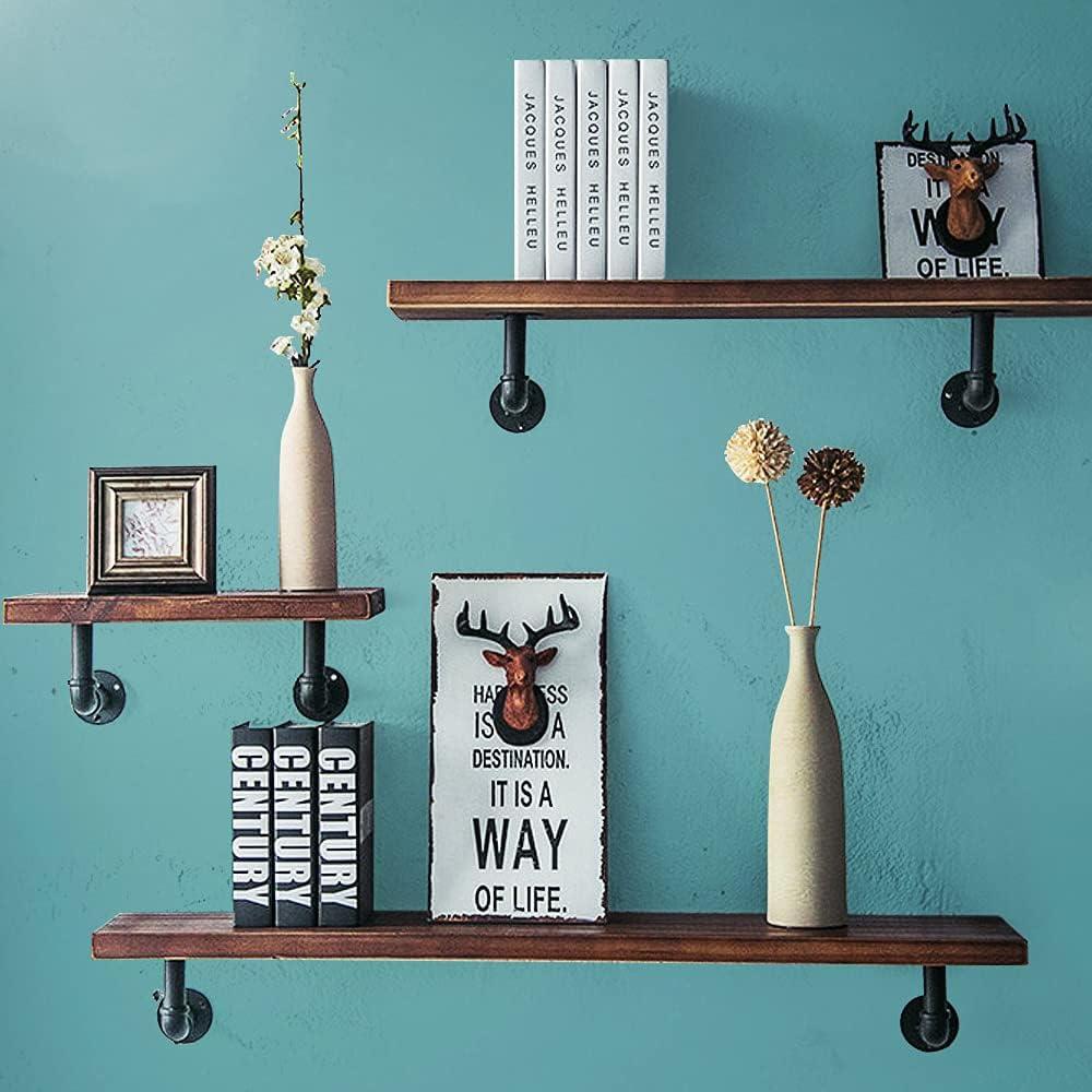 Industrial Pipe Shelf Brackets for 8 10 12 14 inches Board, Iron L Pipe Floating Shelves, Heavy Duty Metal Shelving Brackets - 6 Pack Black