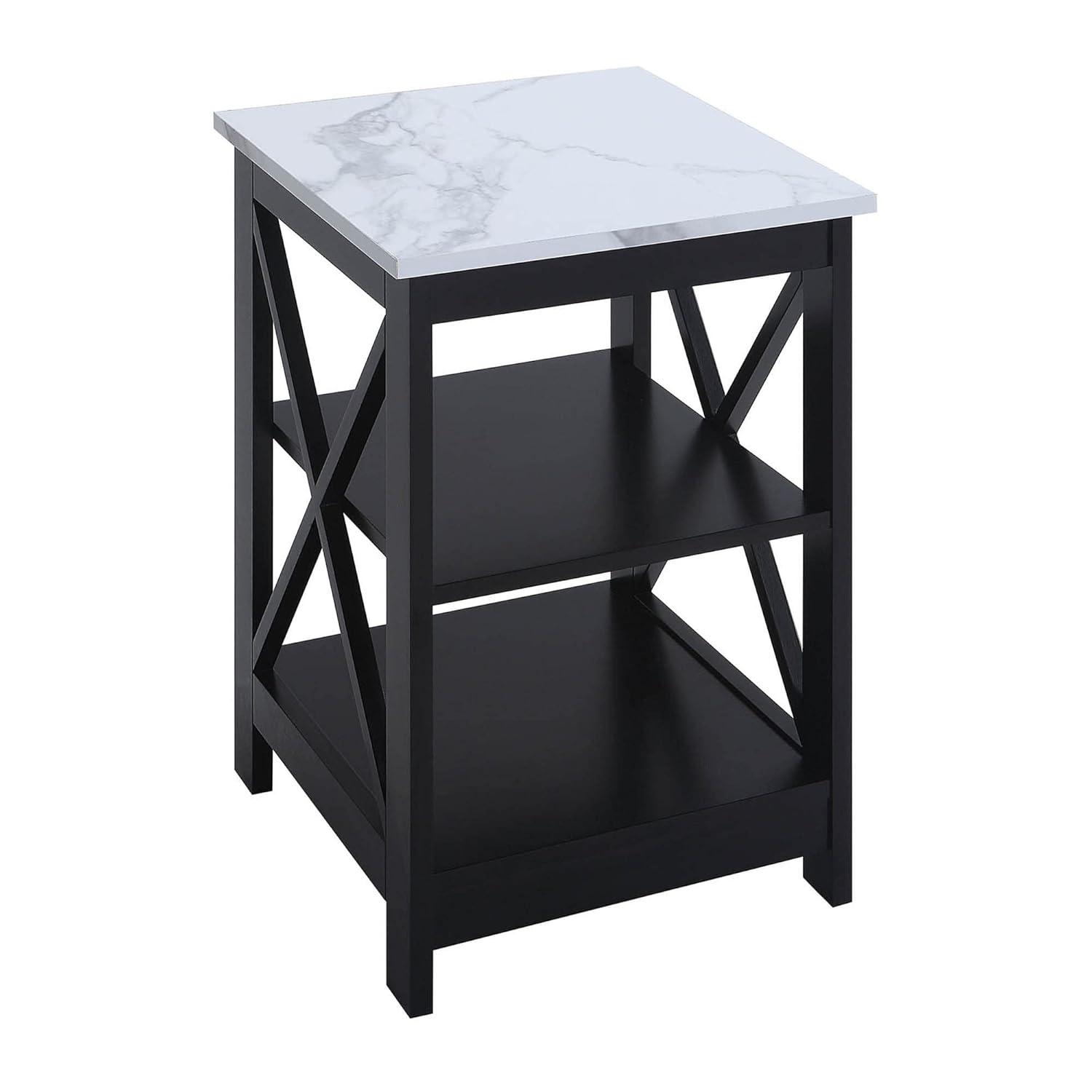 Convenience Concepts Oxford End Table with Shelves, White Faux Marble/Black