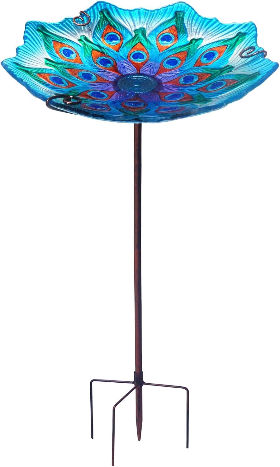 Peacock Blue Glass Bird Bath with Metal Stake