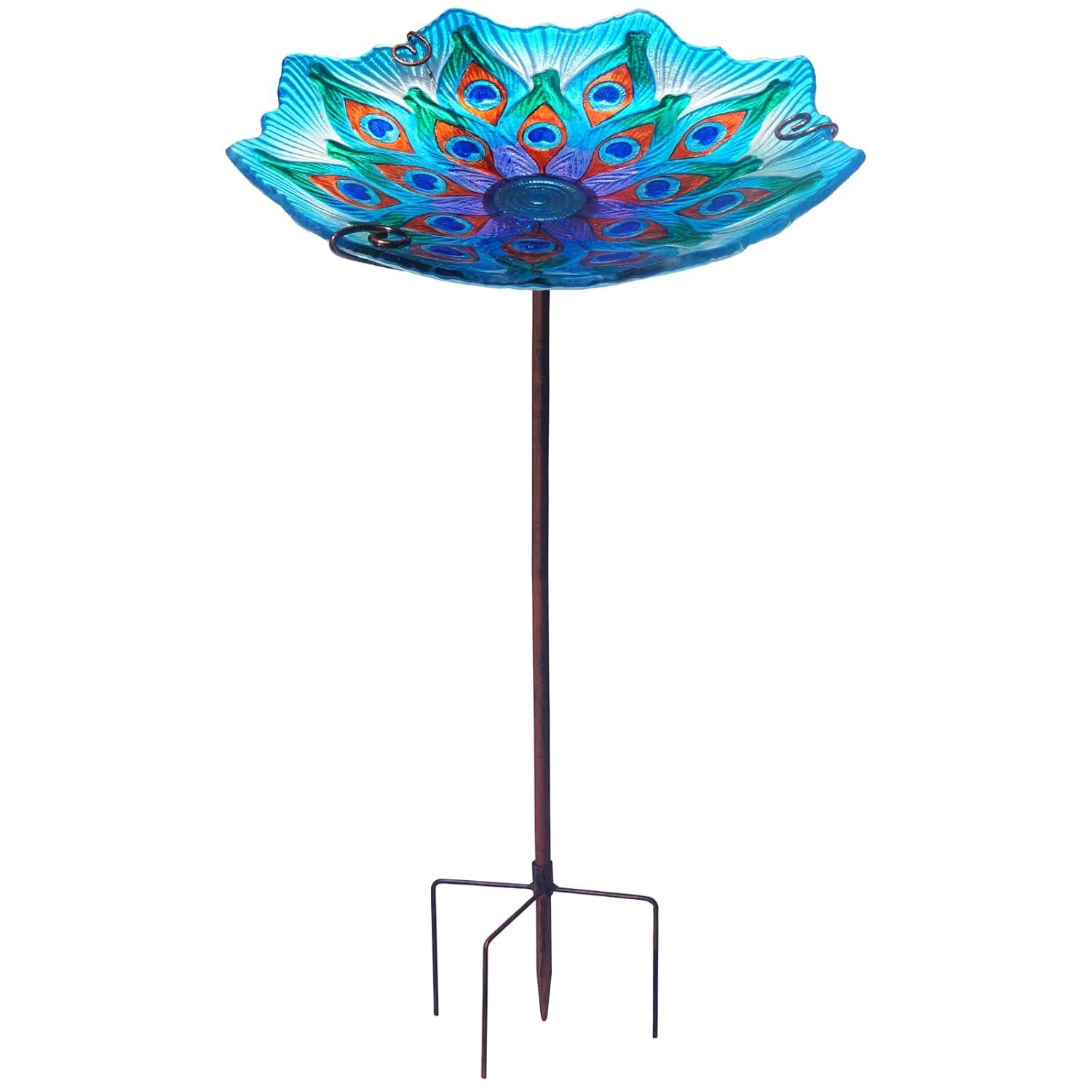 Evergreen Garden 2GB209 11 Inch Peacock Glass Bird Bath Bowl with Metal Stake
