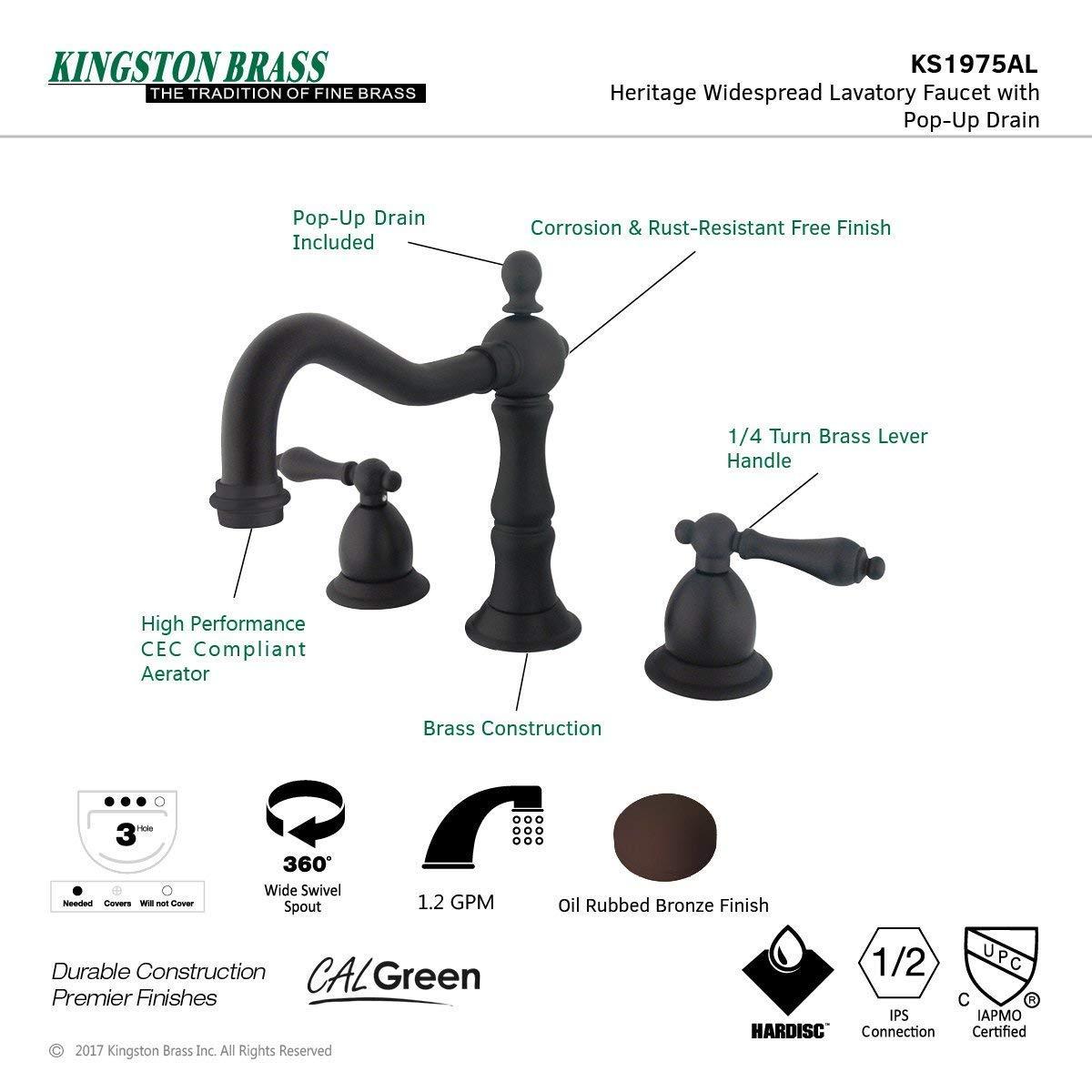Kingston Brass Kingston Brass Heritage Two-Handle 3-Hole Deck Mount Widespread Bathroom Faucet with Brass Pop-Up Drain KS1971AL