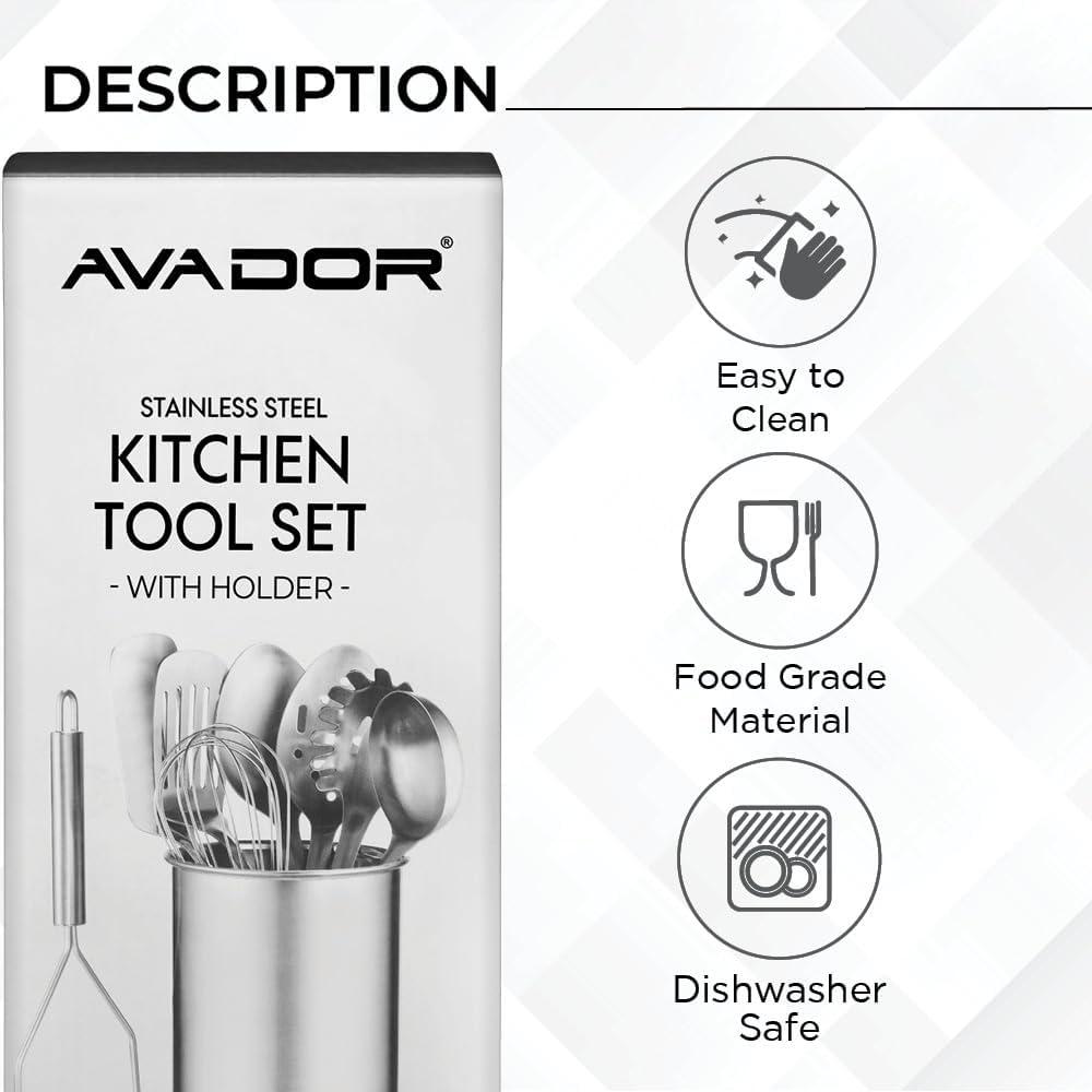 Avador® Premium Set of 10 Stainless Steel Kitchen Tool Set with Holder Easy To Clean, Space Saving, Great for Cooking, Baking, Prepping