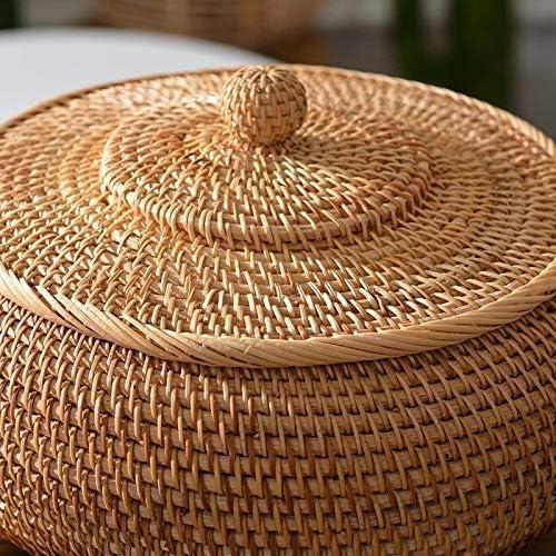 Round Rattan Boxes with Lid Hand-Woven Multi-Purpose Wicker Tray 8.6Inch Picnic Food Bread Table Storage Basket (22x13cm)