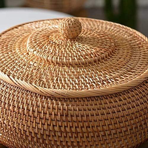 Round Rattan Boxes with Lid Hand-Woven Multi-Purpose Wicker Tray 8.6Inch Picnic Food Bread Table Storage Basket (22x13cm)