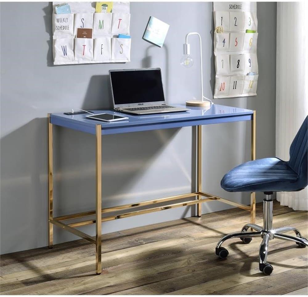 42" Midriaks Writing Desk Navy Blue/Gold Finish - Acme Furniture: Chic Office Furniture with USB Ports