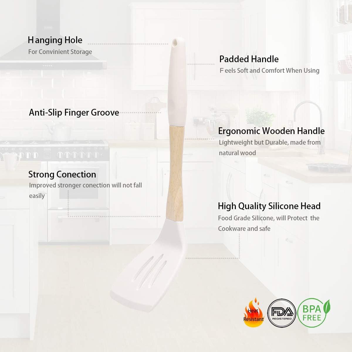Cooking Utensils Set, VICKITCHEN 6 Piece Silicone Kitchen Utensils with Natural Wooden Handle, Nonscratch Ergonomic Kitchen Tool Set for Nonstick Cookware White