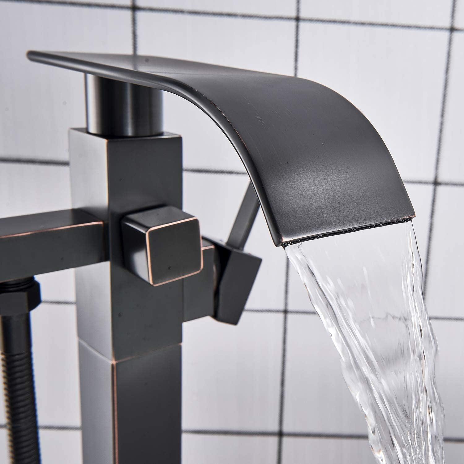 Senlesen Barthroom Tub Filler Faucet Floor Mounted Bathtub Shower Faucet Waterfall Spout Free Standing Tub Mixer Tap with Handheld Sprayer