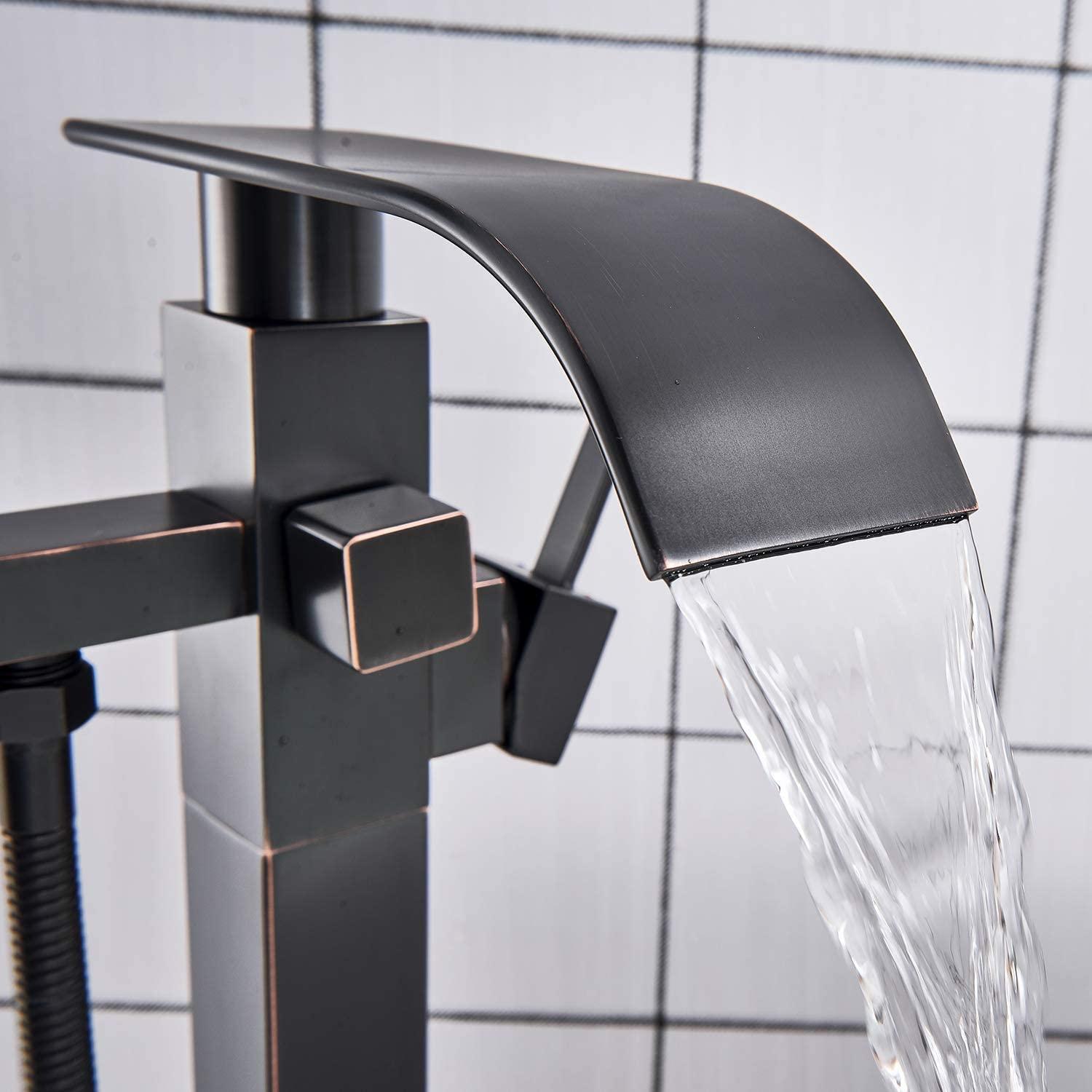 Senlesen Barthroom Tub Filler Faucet Floor Mounted Bathtub Shower Faucet Waterfall Spout Free Standing Tub Mixer Tap with Handheld Sprayer