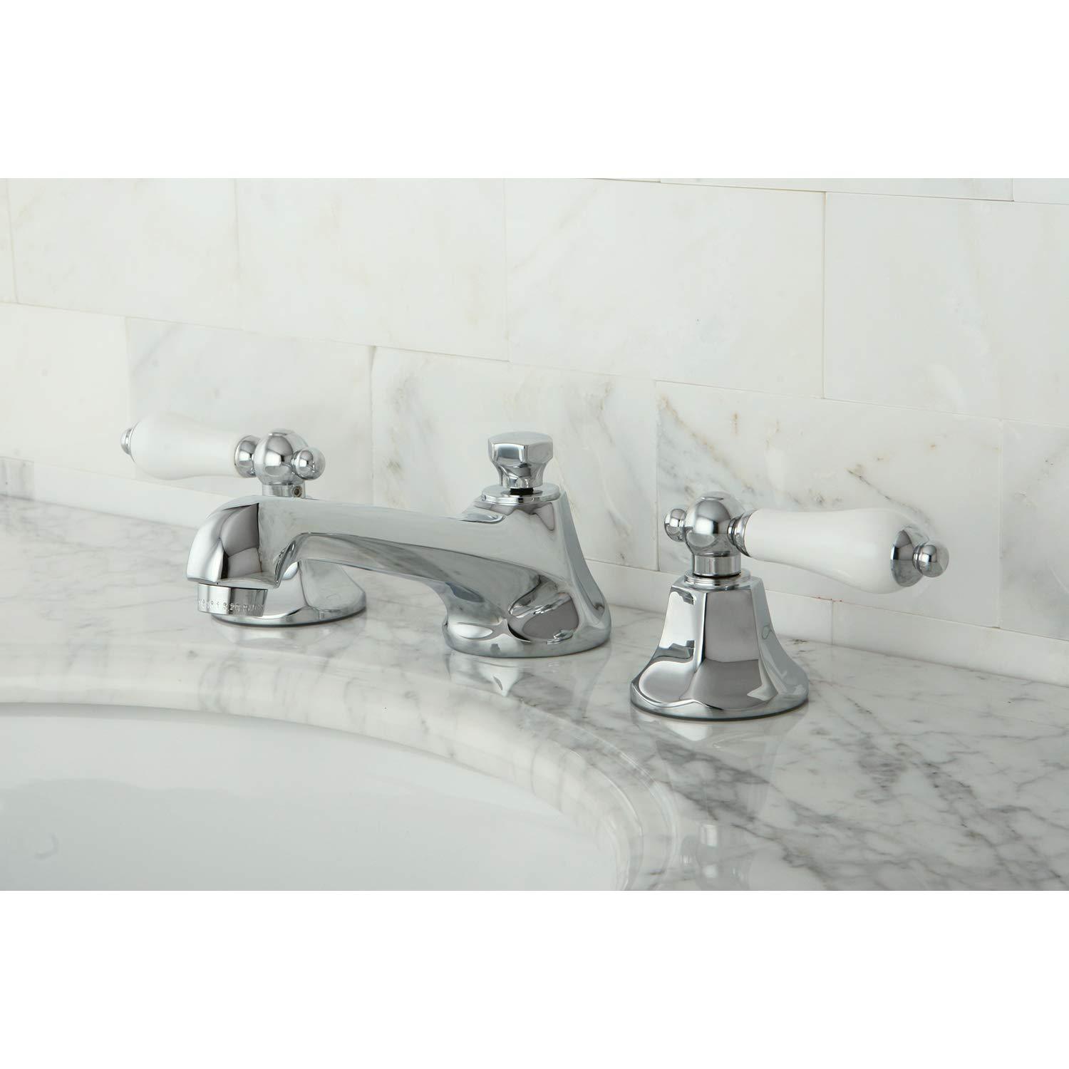 Kingston Brass Metropolitan Two-Handle 3-Hole Deck Mount Widespread Bathroom Faucet with Brass Pop-Up Drain