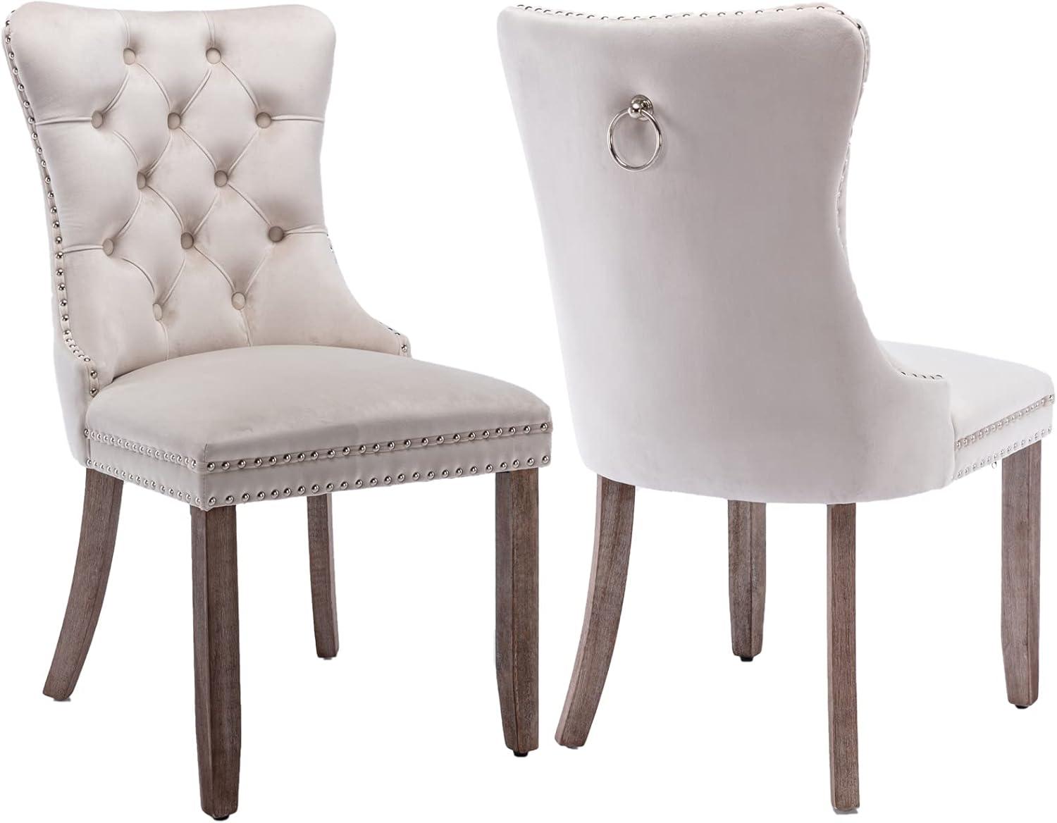 VICBARLEY Velvet Dining Chair Set of 2 Upholstered Tufted Dining Room Chair with Nailhead Trim and Stainless Steel Silver Plated Legs for Kitchen, Restaurant, Beige