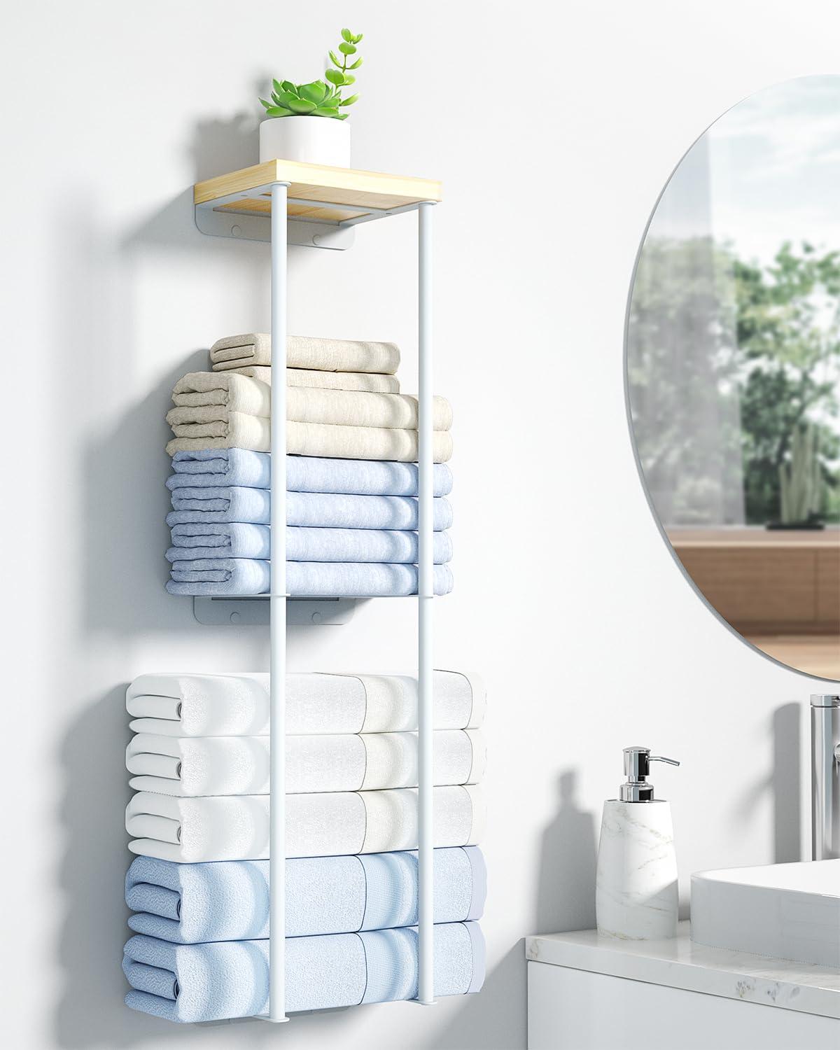 Towel Racks for Bathroom, 2 Tier Wall Towel Holder with Wood Shelf, Metal Wall Mounted Bathroom Organizers and Storage, White