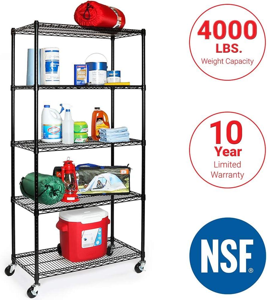 36" W 5-Tier NSF-Certified Steel Shelving with Wheels