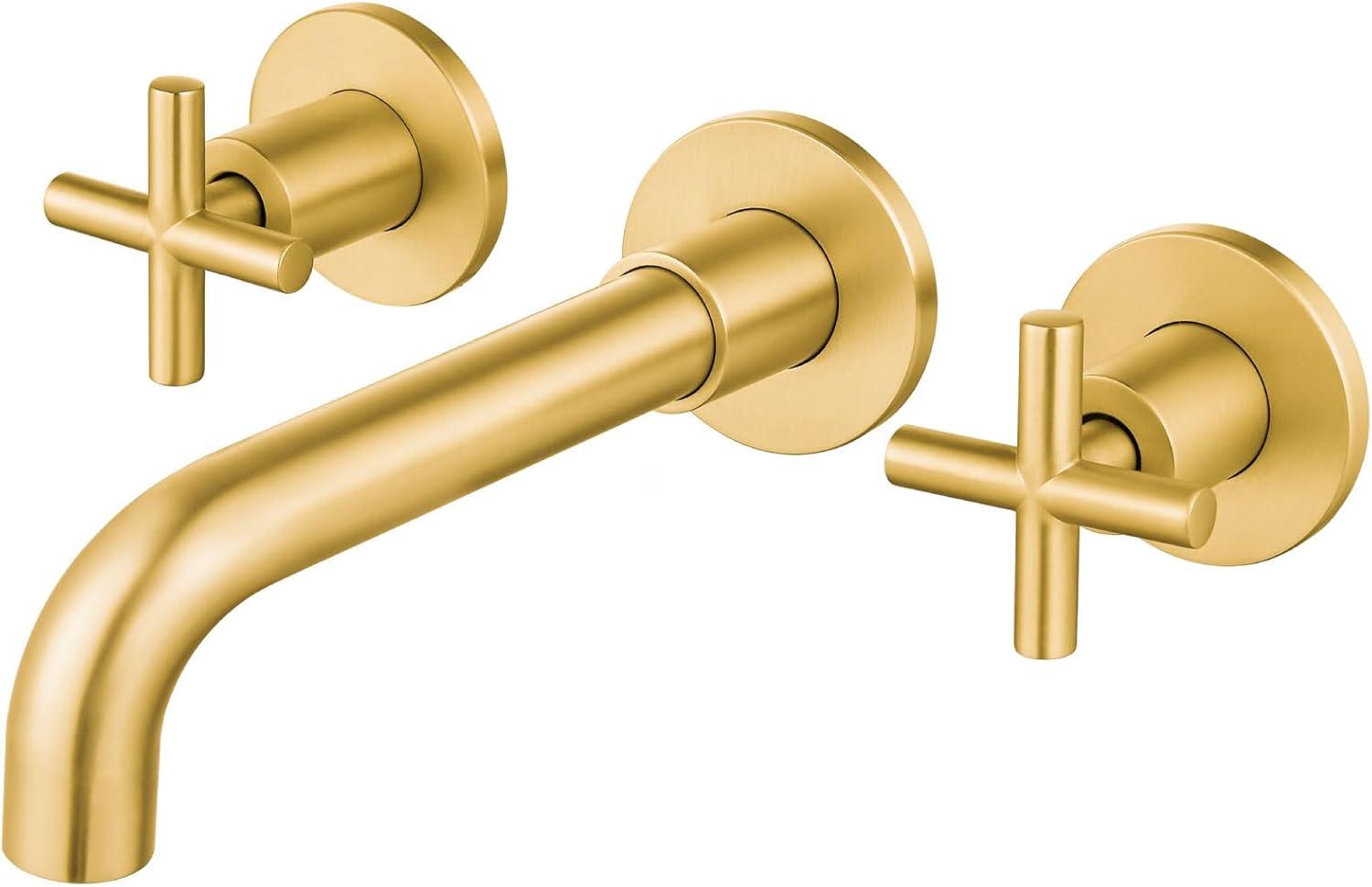 Brushed Gold Wall Mounted Bathroom Faucet with Dual Cross Handles