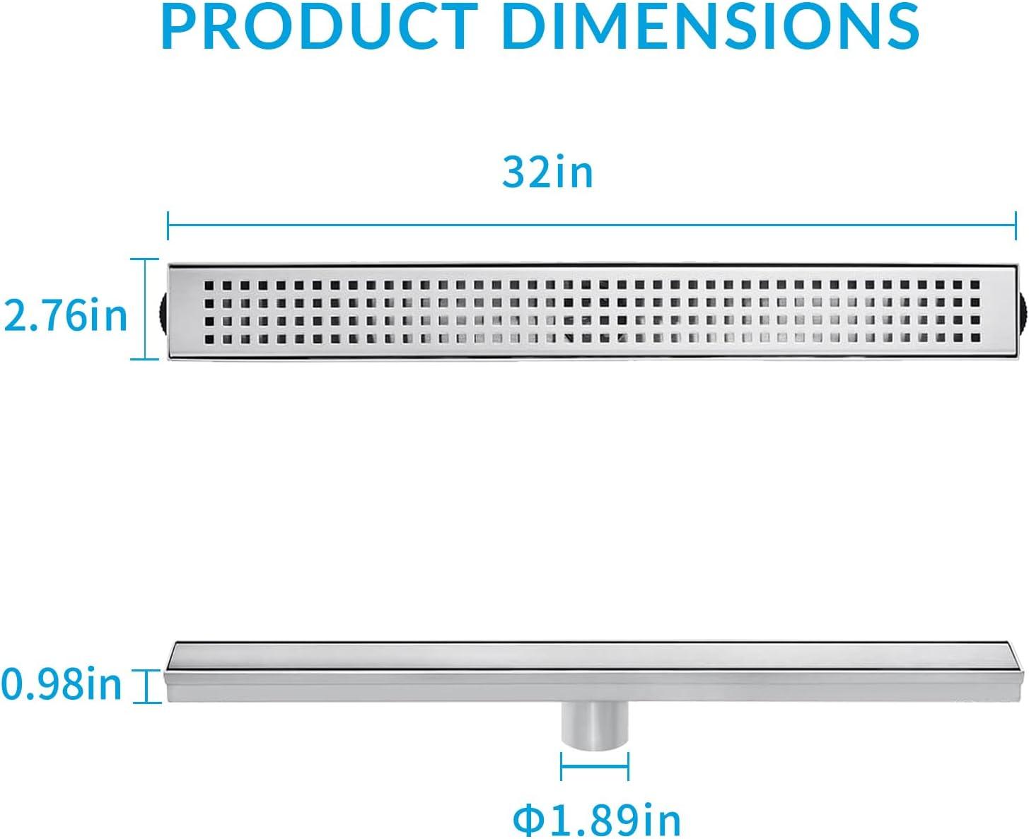 32 Inch Stainless Steel Linear Shower Drain with Square Pattern