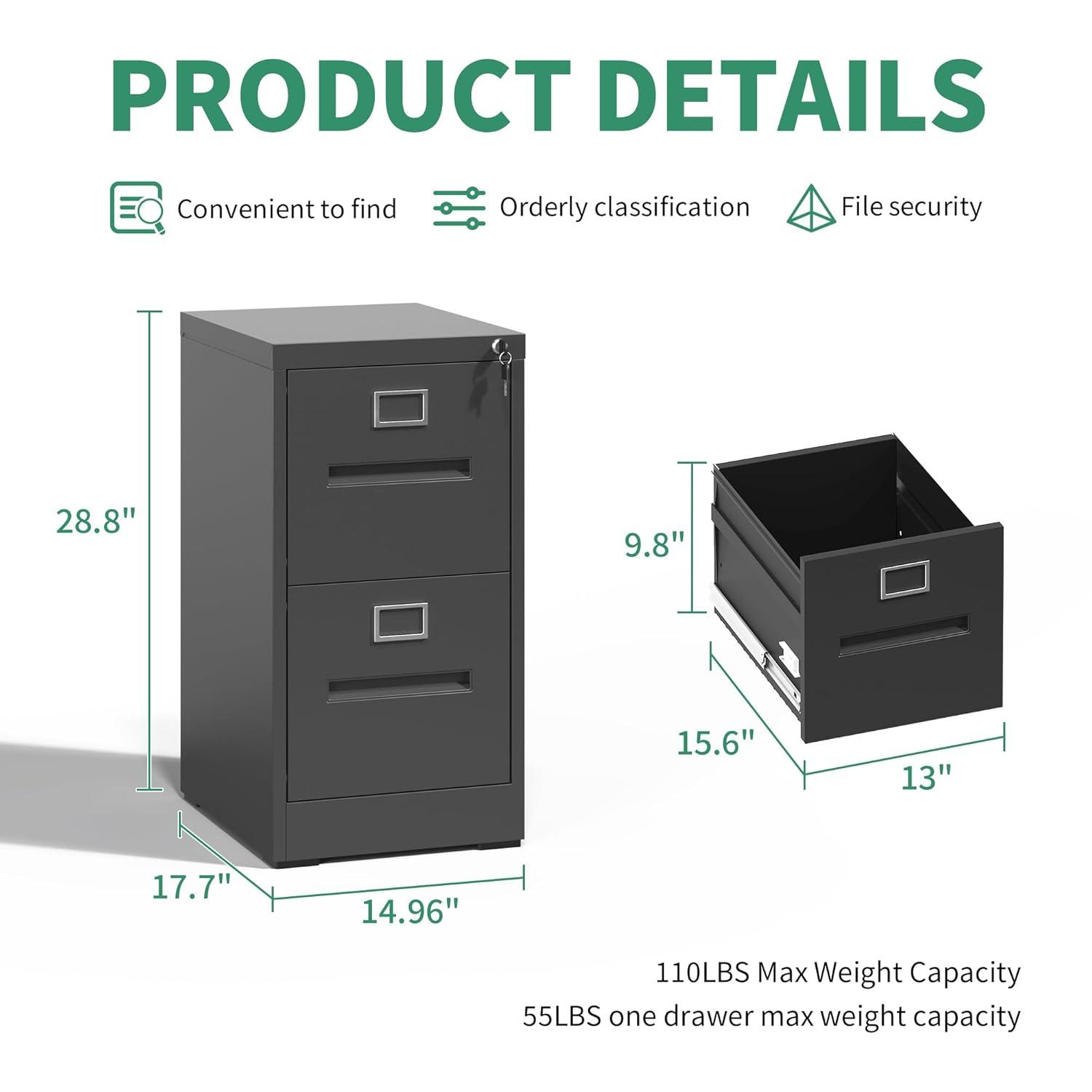 2 Drawer Metal Vertical File Cabinet with Lock for Home Office, A4/Letter/Legal Size, Assembly Required