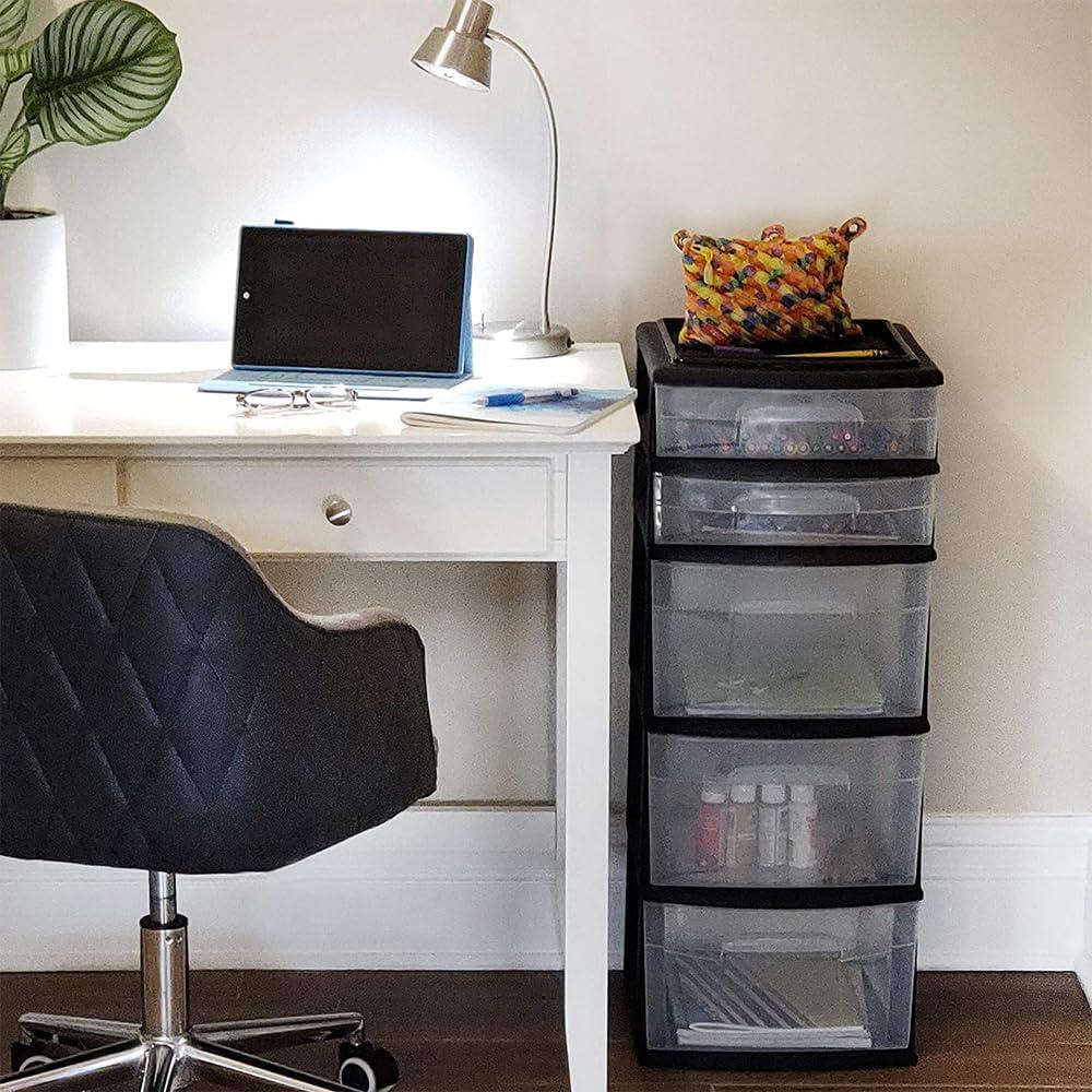 Black and Clear Plastic 5-Drawer Storage Tower